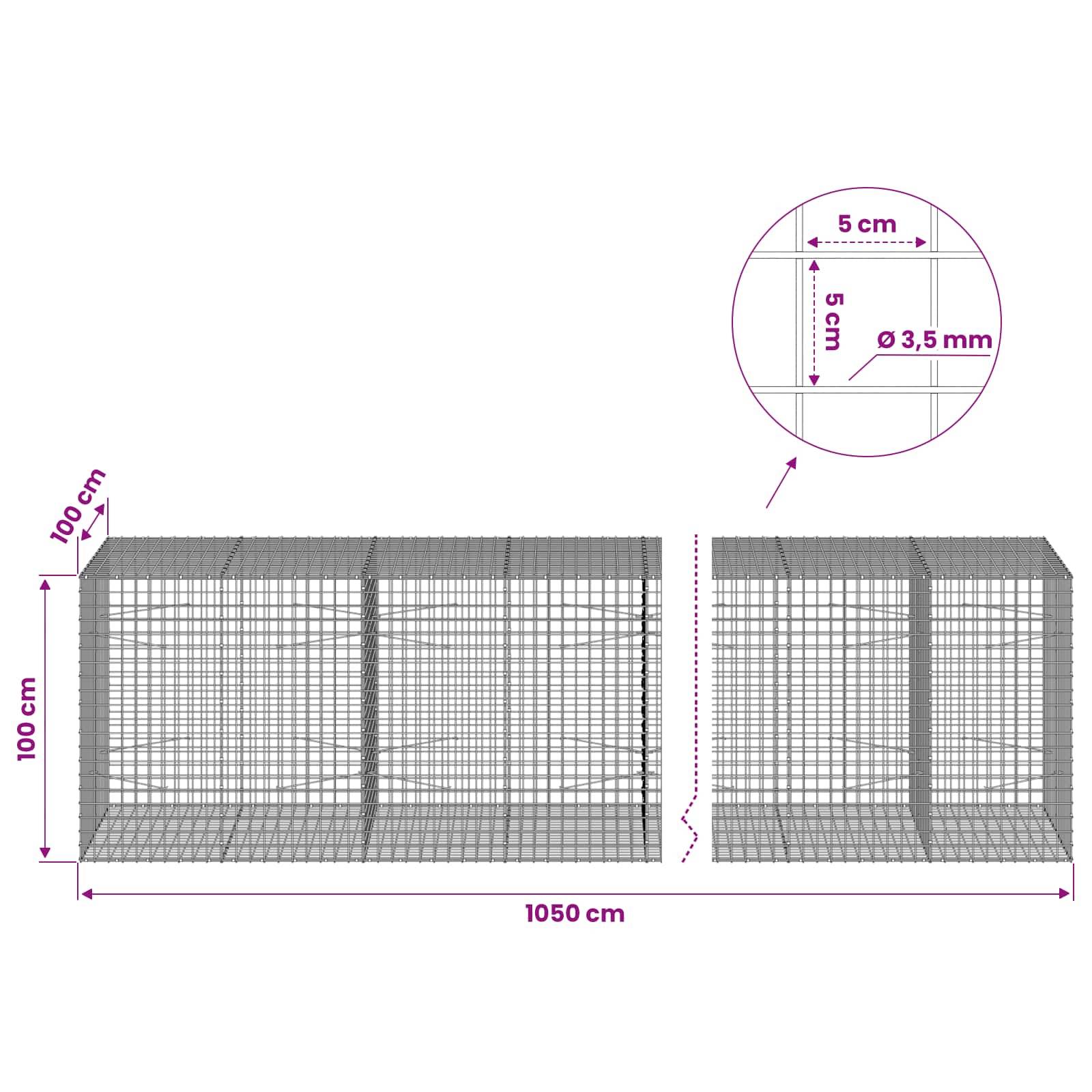 Technische Zeichnung einer Drahtgitterabtrennung mit den Abmessungen 1050 cm Länge, 100 cm Höhe, 100 cm Tiefe, mit 5 cm Maschenweite und 3,5 mm Drahtdurchmesser.