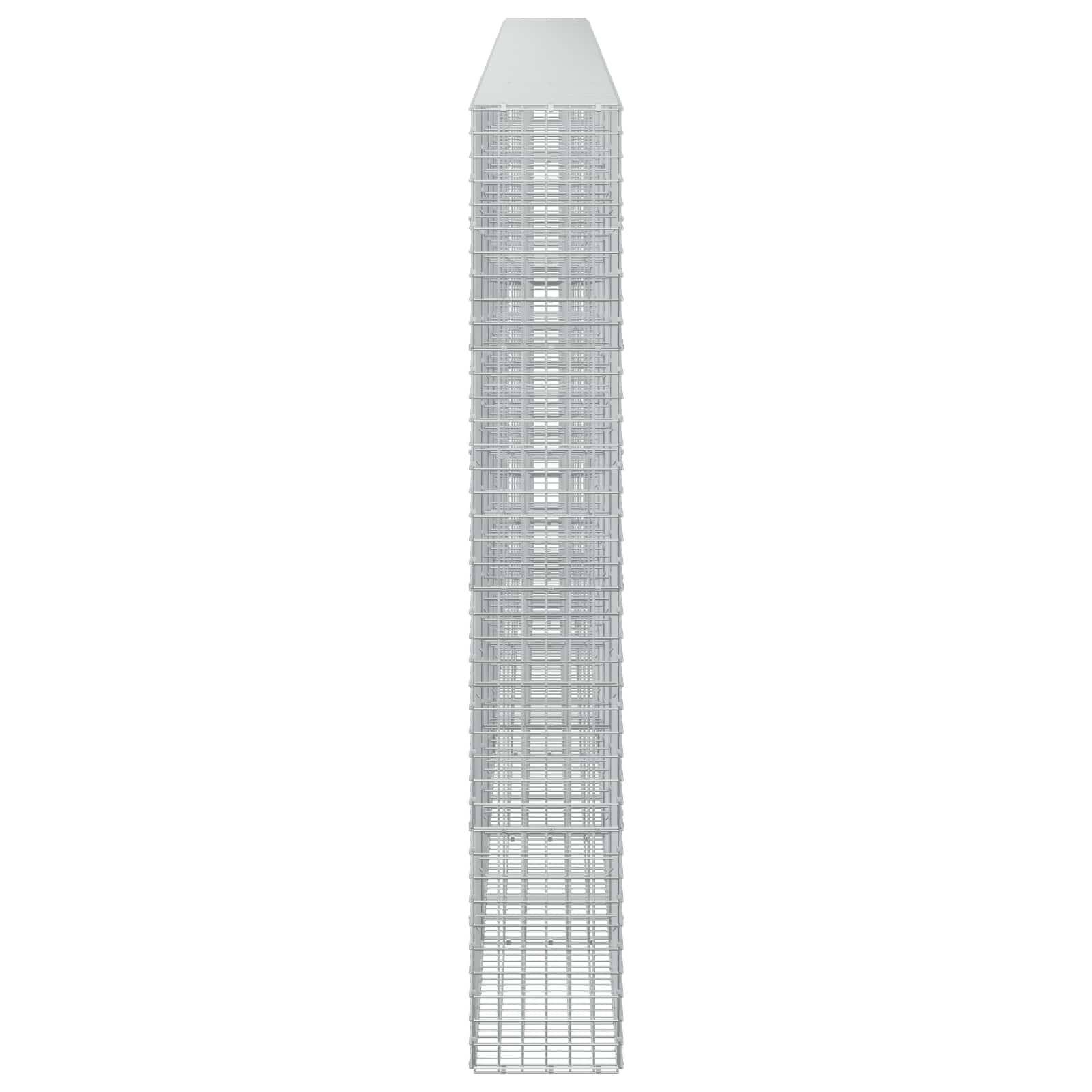 Ein hohes, schmales, graues wolkenkratzerähnliches Hochhaus mit einer verjüngten Spitze und einer gitterartigen Fassade, isoliert auf weißem Hintergrund dargestellt.