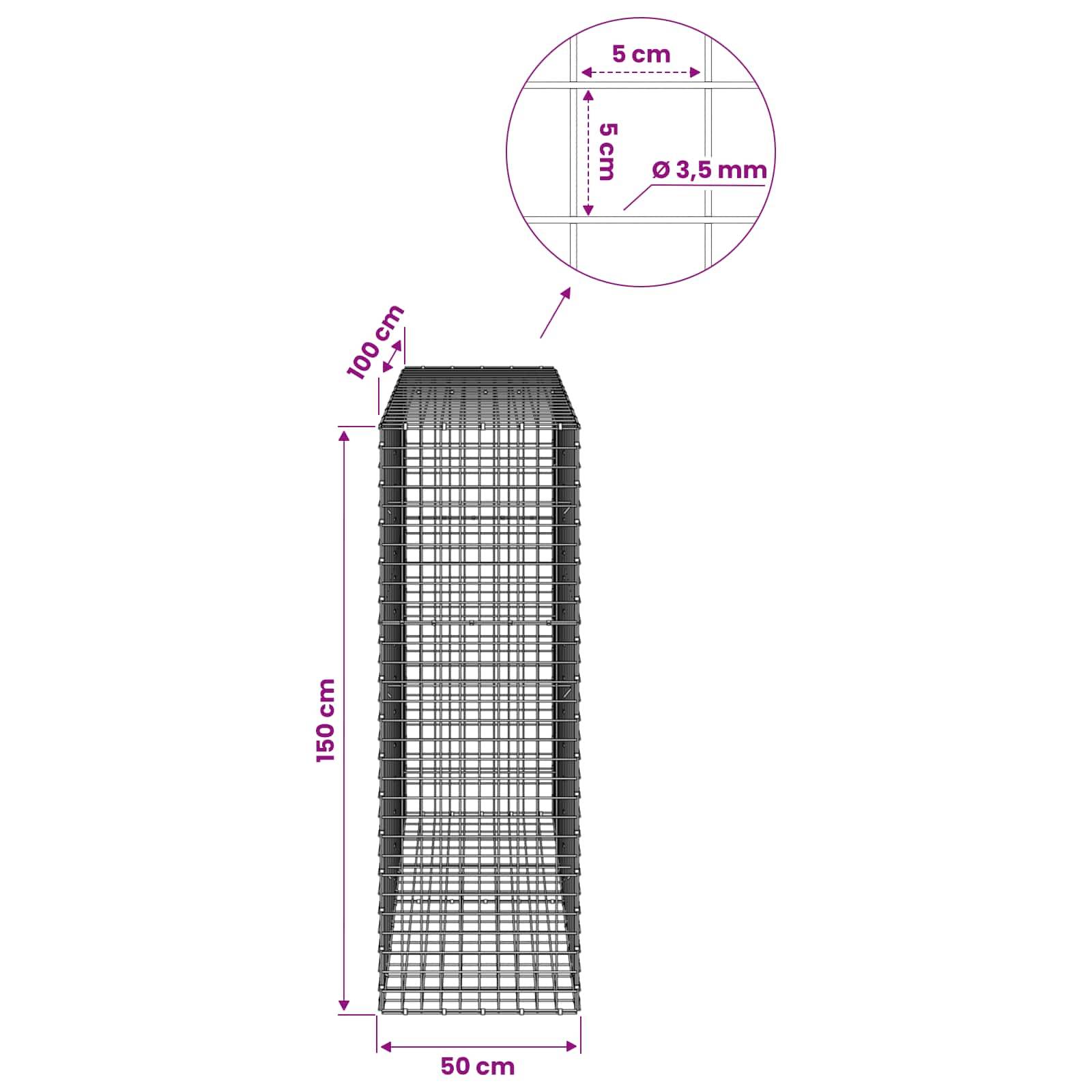 Drahtgeflecht-Gabionenkorbdiagramm, das einen rechteckigen Käfig zeigt, 150 cm hoch, 50 cm breit, 100 cm tief, mit 5 cm Maschenweite und 3,5 mm Drahtdurchmesser.