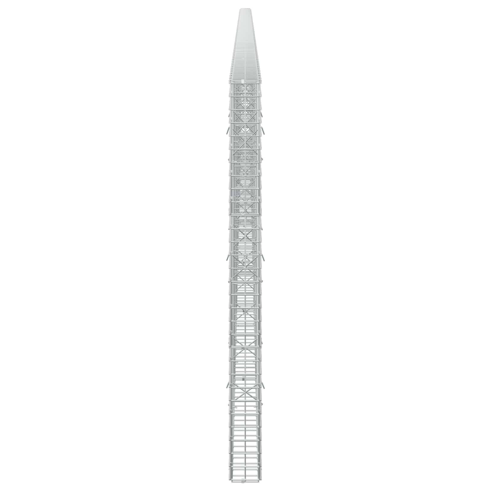 Hoher schmaler grauer Turm oder Mast mit sich verjüngender Spitze, zentriert auf einfachem weißem Hintergrund dargestellt.