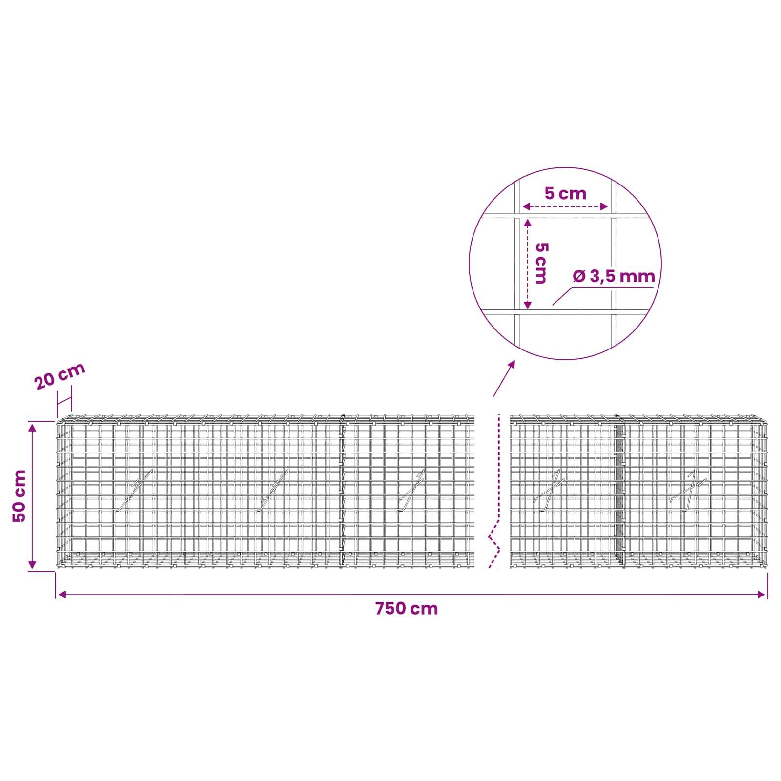 Technisches Diagramm von Drahtgitterpaneelen mit Abmessungen: 750 cm Länge, 50 cm Höhe, 20 cm Abstand, mit einer 5 cm mal 5 cm Maschenweite und Detailansicht des Drahtdurchmessers von 3,5 mm.