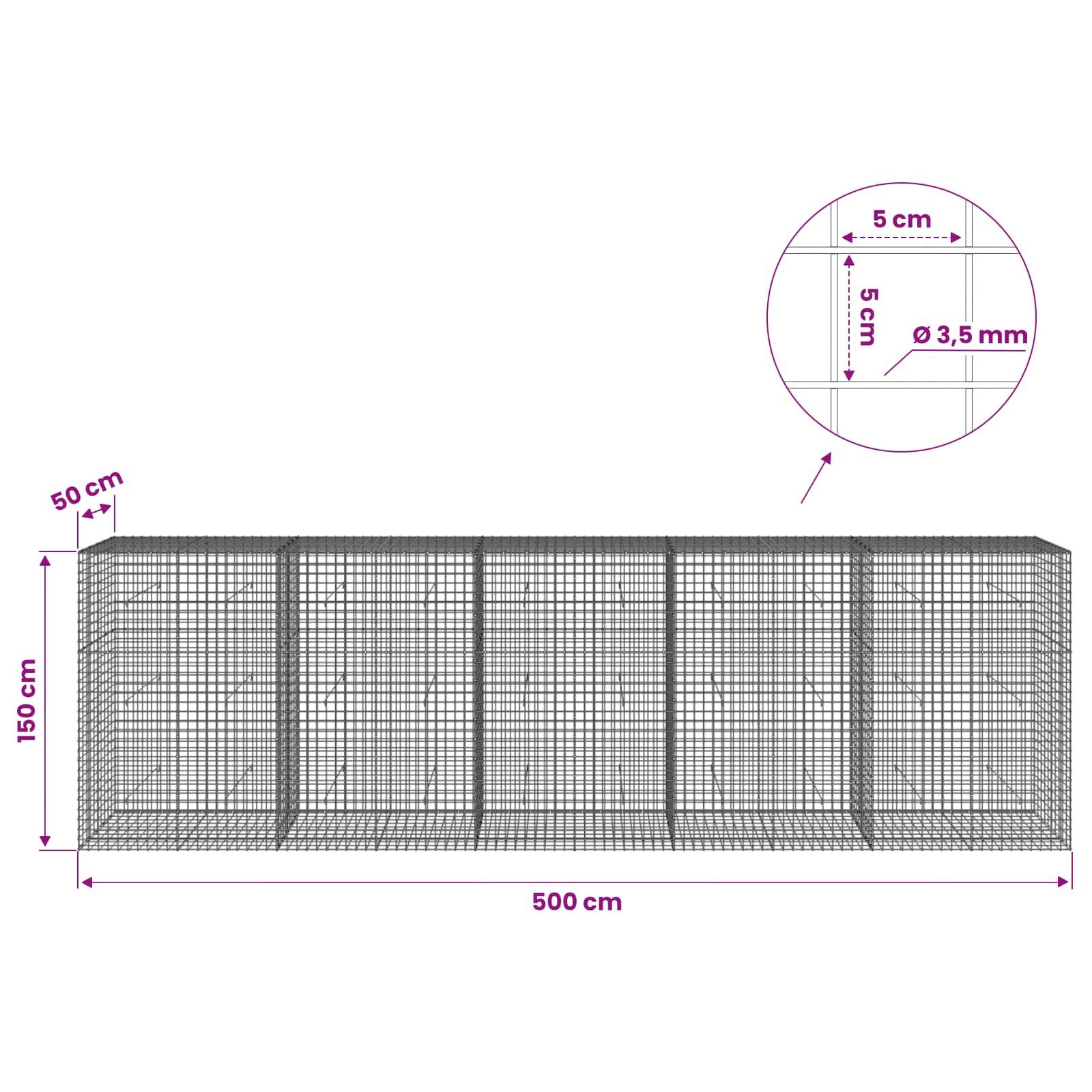 Technisches Diagramm eines Drahtgitterkäfigs mit Gesamtabmessungen 500 cm Breite, 150 cm Höhe, 50 cm Tiefe, mit 5 cm Maschenweite und 3,5 mm Drahtdurchmesser.