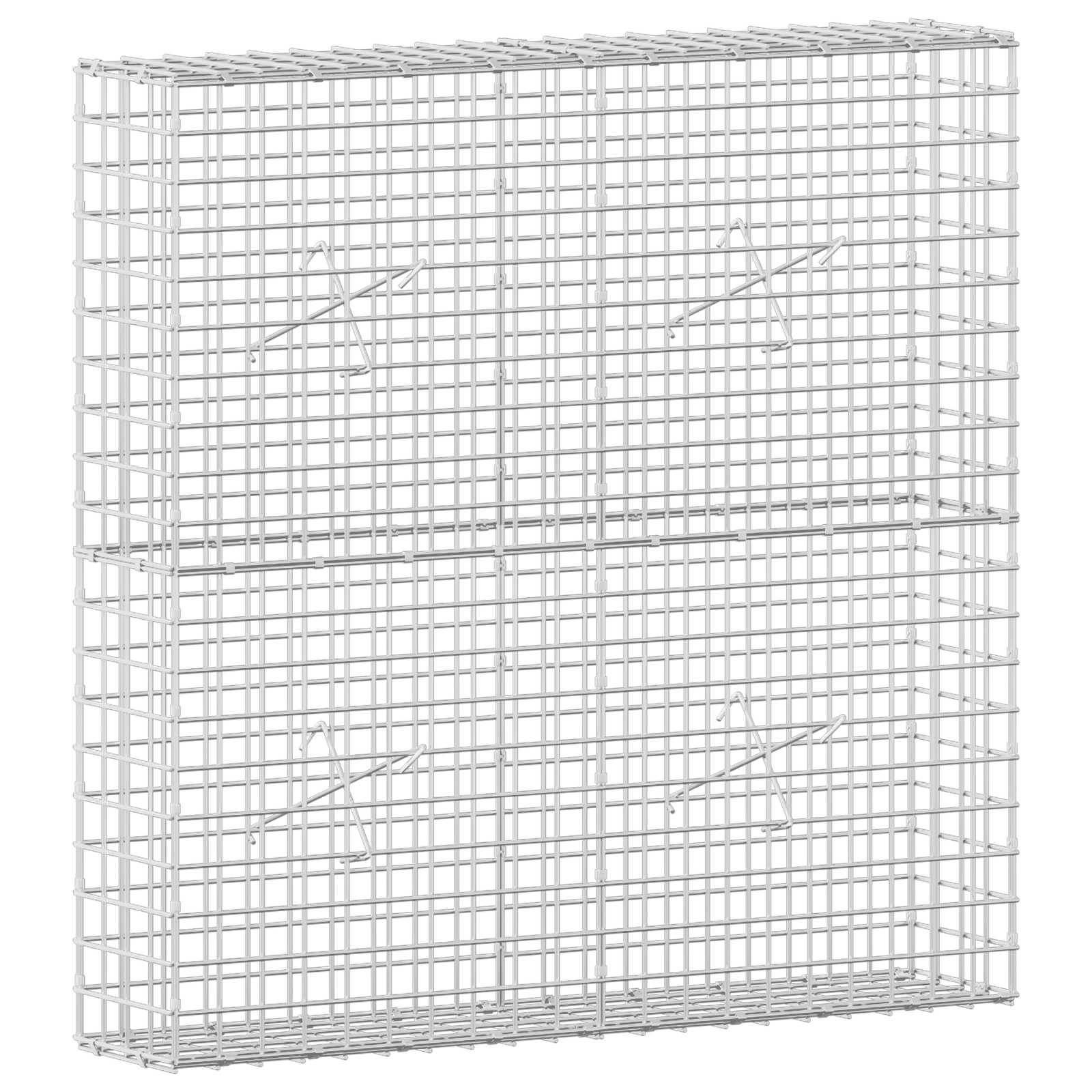 Metallgitterkiste oder -käfig mit weißem Draht und aufklappbarem Frontpanel, dargestellt vor neutralem Hintergrund.