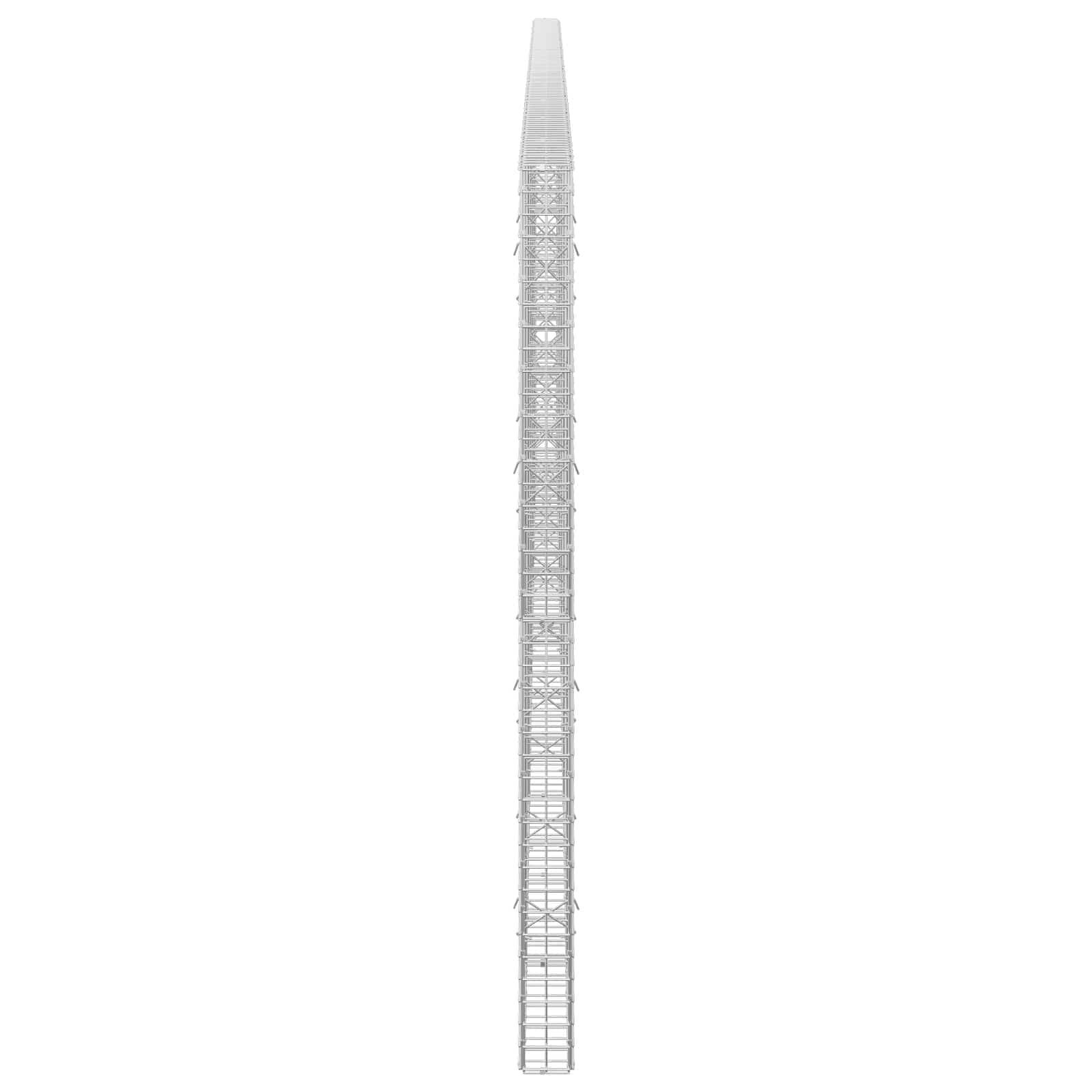Hoher schmaler grauer Gitterturm oder Mast, zentriert auf weißem Hintergrund, sich zu einer spitzen Spitze verjüngend.