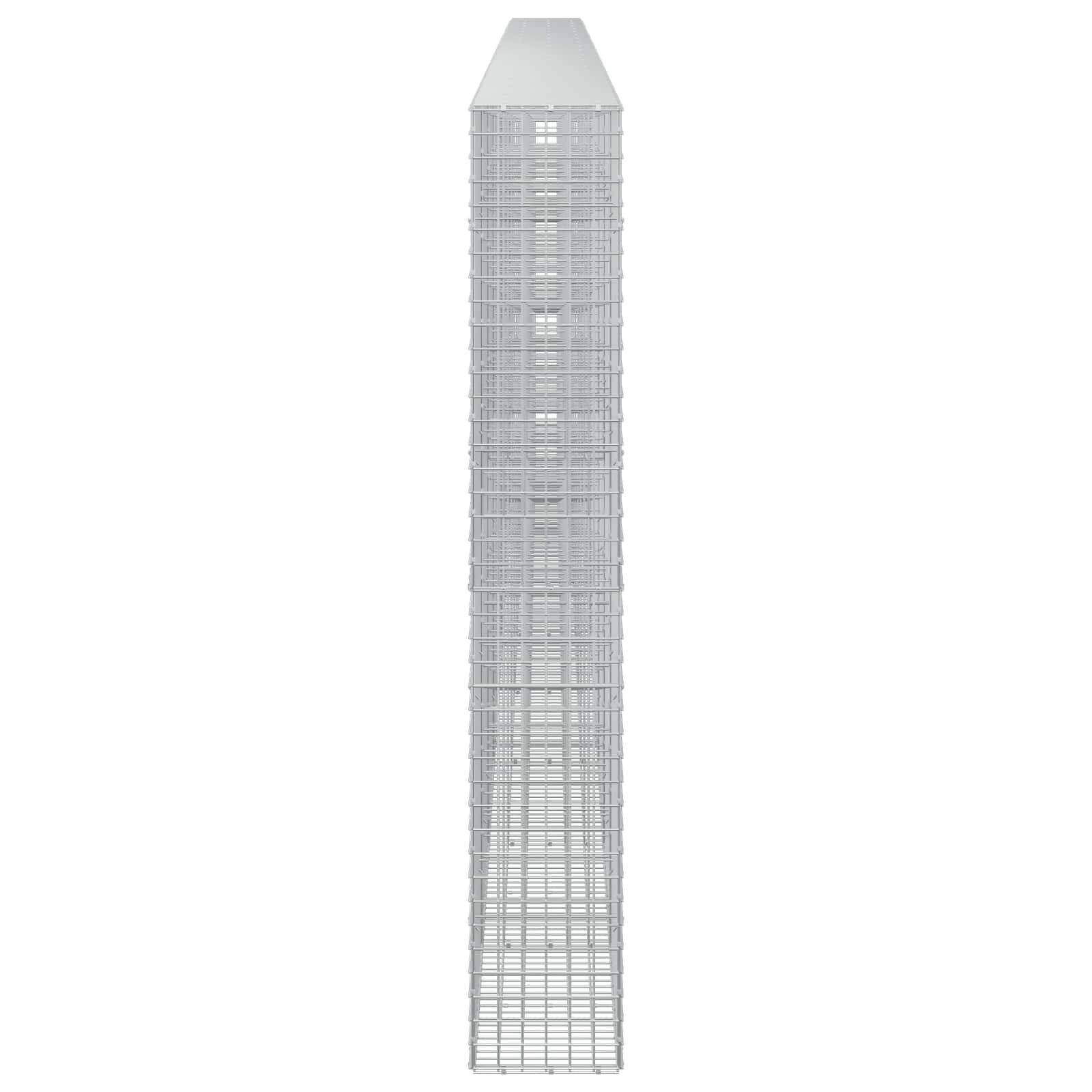 Großes schlankes graues Hochhaus mit flacher verjüngter Spitze, zentriert auf weißem Hintergrund dargestellt.