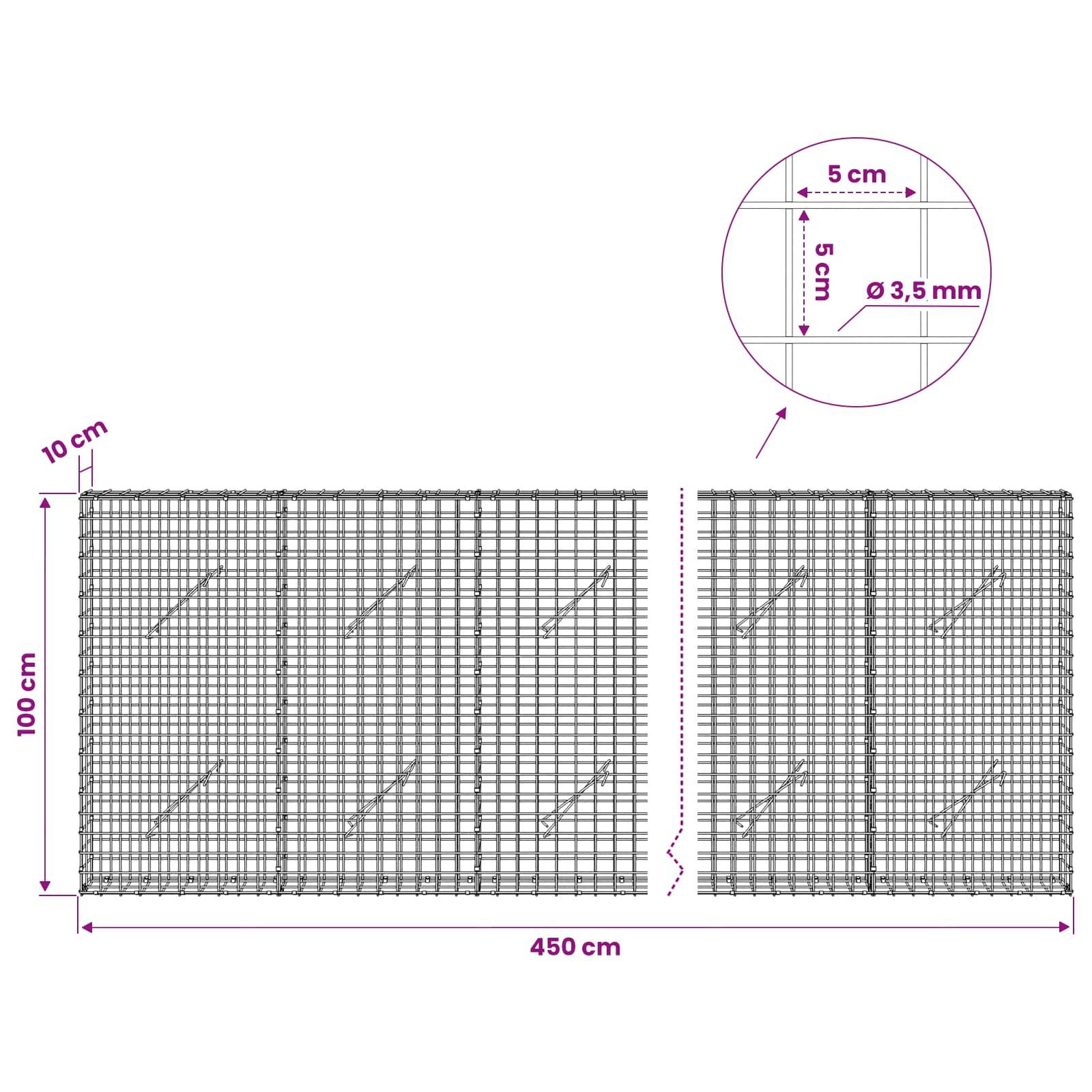 Technische Zeichnung von zwei Drahtgitterzaunfeldern, jeweils 100 cm hoch und 450 cm breit, mit 10 cm Oberabstand und einer Nahaufnahme mit 5 cm Gitter und 3,5 mm Drahtdurchmesser.