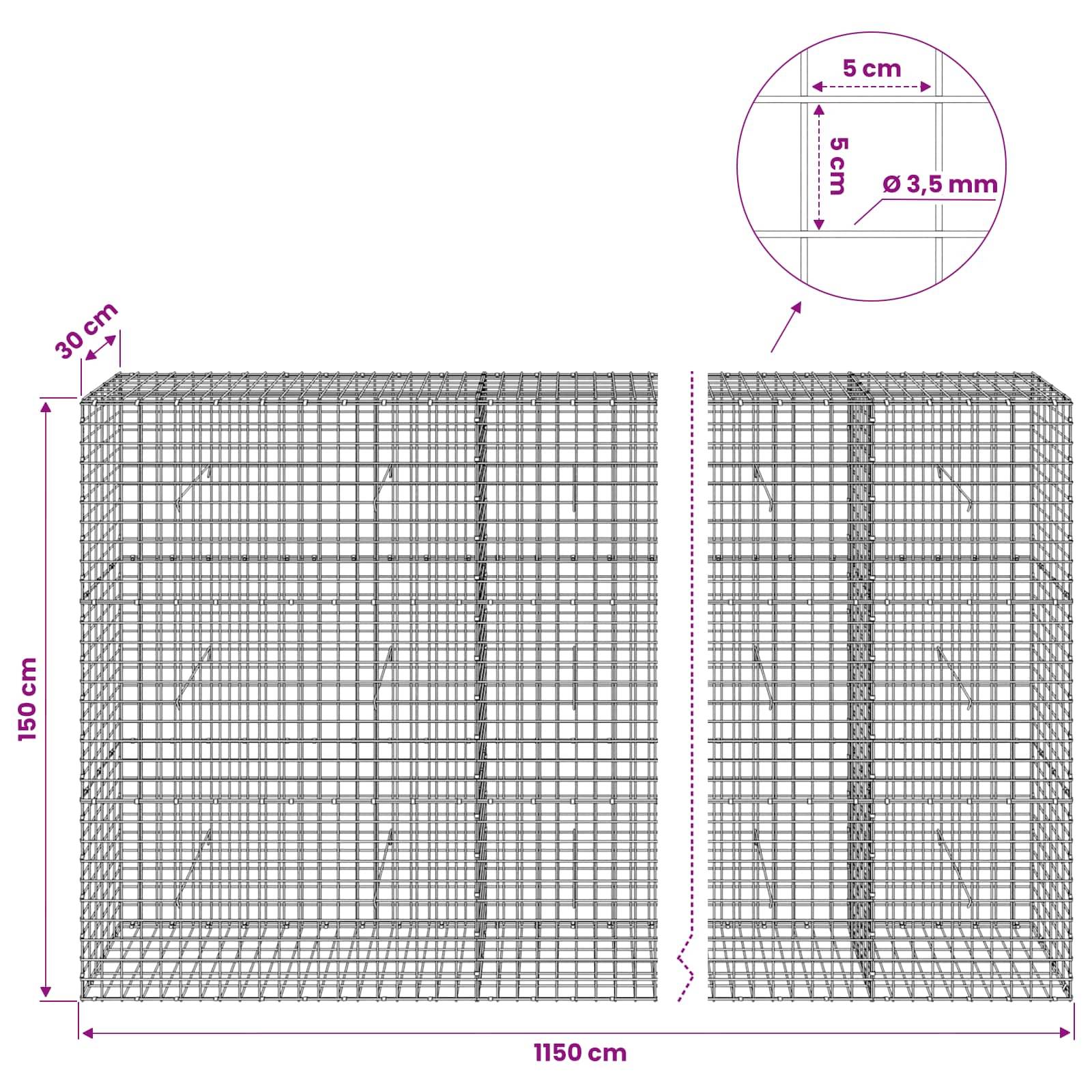 Technisches Diagramm eines großen Drahtgitterkäfigs, gezeigt in Front- und Seitenansicht, beschriftet 1150 cm breit, 150 cm hoch, 30 cm tief; die Vergrößerung zeigt 5 cm Maschenweite und 3,5 mm Drahtdurchmesser.