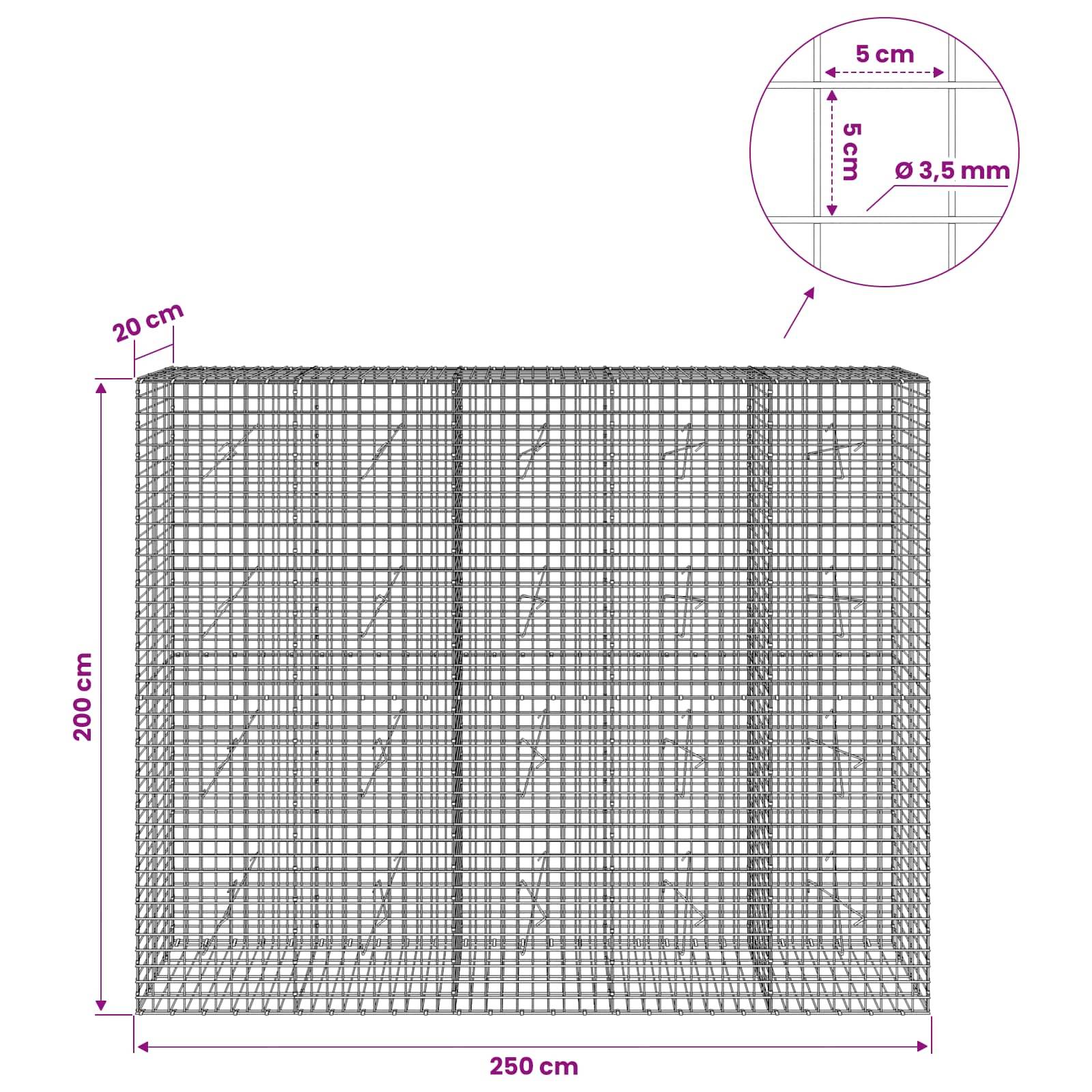 Drahtgeflecht-Schüttkorb-Diagramm mit Abmessungen: 250 cm Breite, 200 cm Höhe, 20 cm Tiefe, Drahtabstand 5 cm × 5 cm, 3,5 mm Drahtdurchmesser.