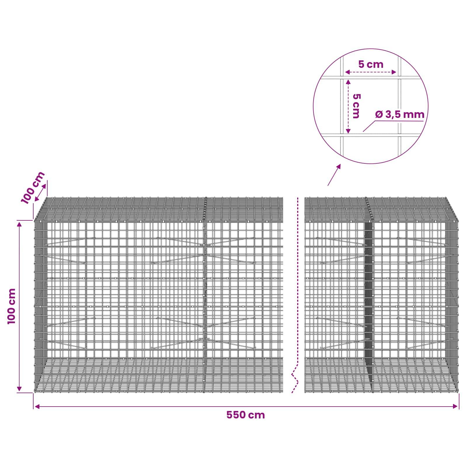 Diagramm eines Drahtgitter-Gabionenkorbs, 550 cm lang, 100 cm hoch und 100 cm tief, mit Nahaufnahme zeigt 5 cm Maschenweite und 3,5 mm Drahtdurchmesser.