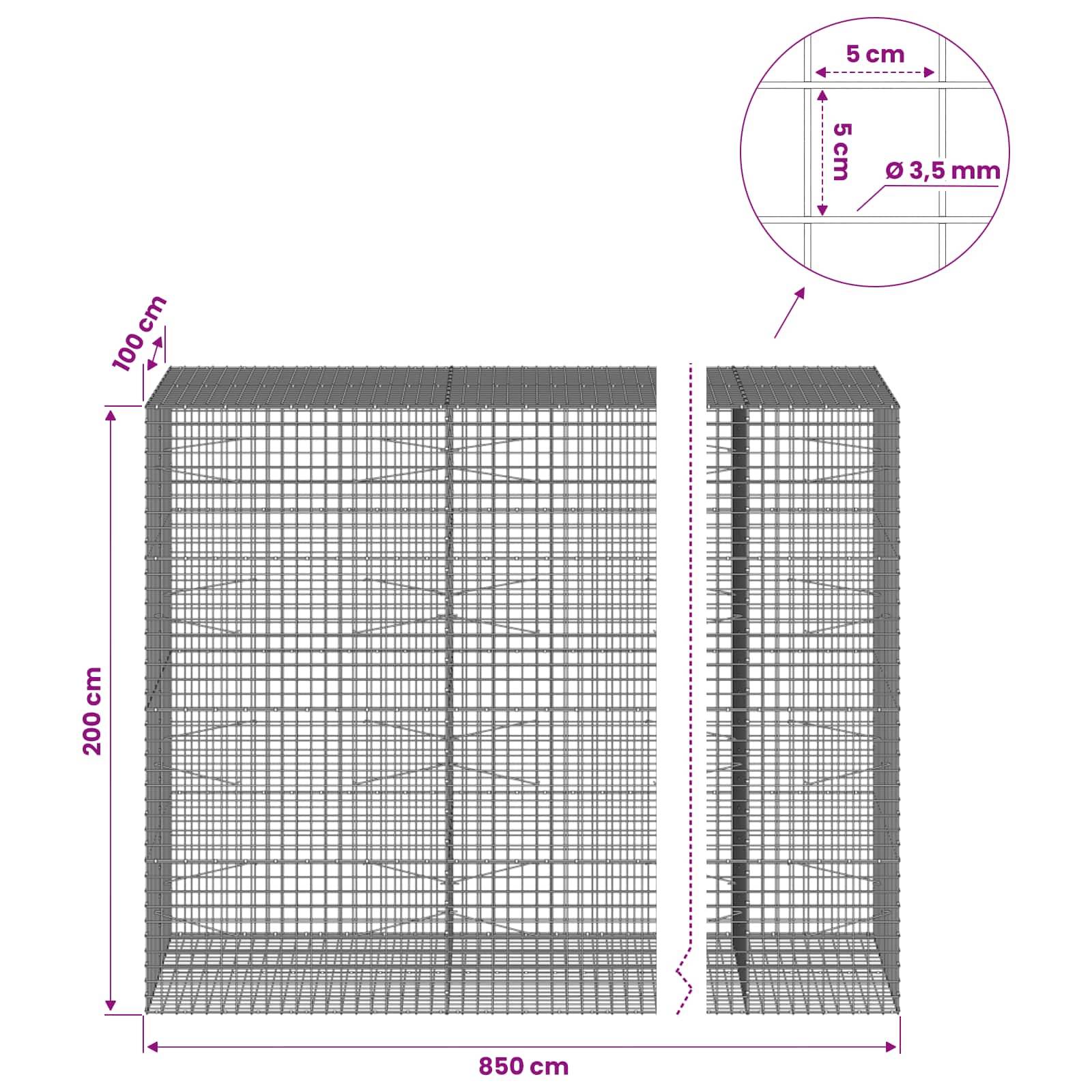 Dimensioniertes Drahtgeflecht-Gabionenkorb-Diagramm mit einem 200 cm hohen, 850 cm breiten, 100 cm tiefen Käfig mit 5 cm Maschenweite und 3,5 mm Draht.