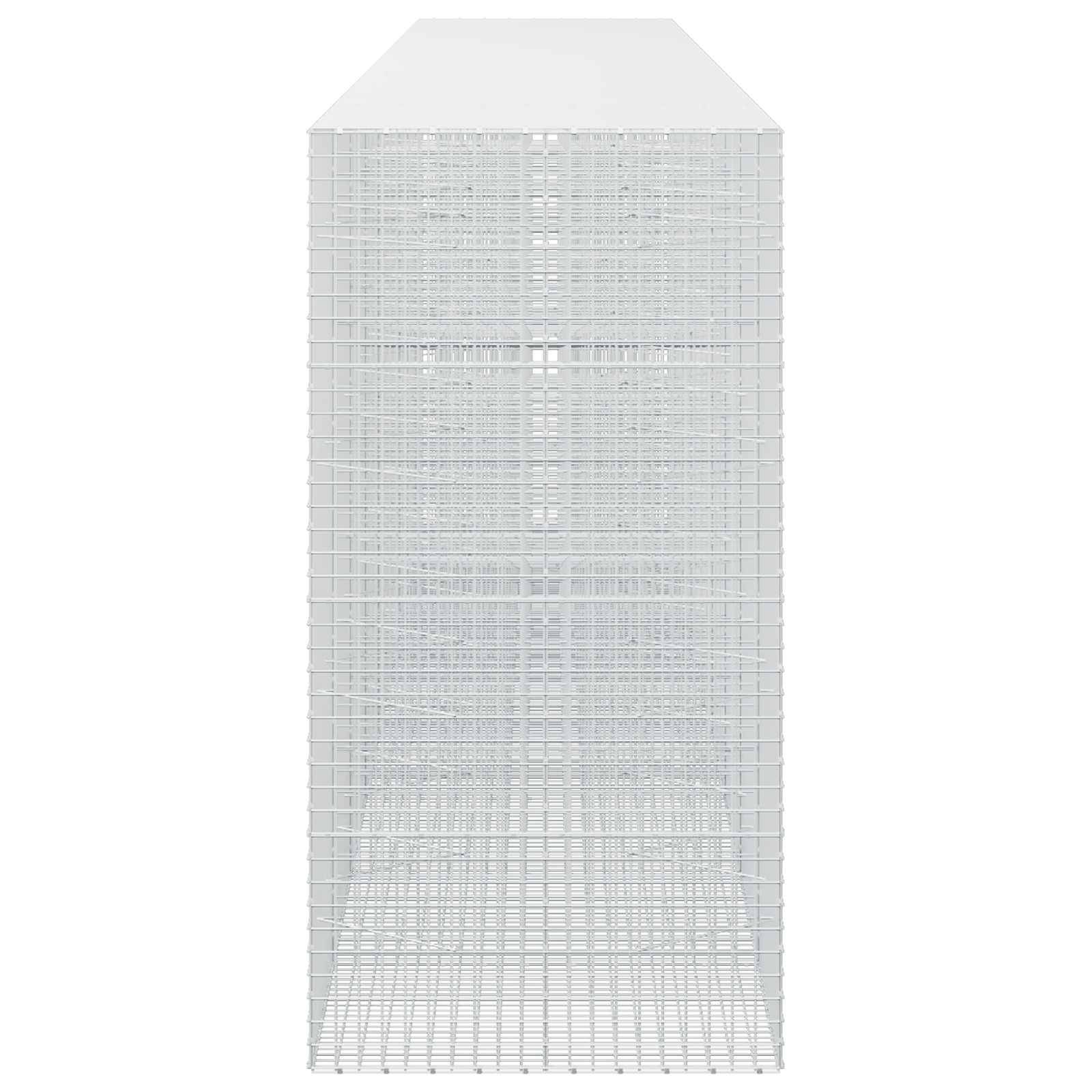 Hoher durchsichtiger Draht-Lagertower mit mehreren Mesh-Regalen, Vorderansicht auf weißem Hintergrund.