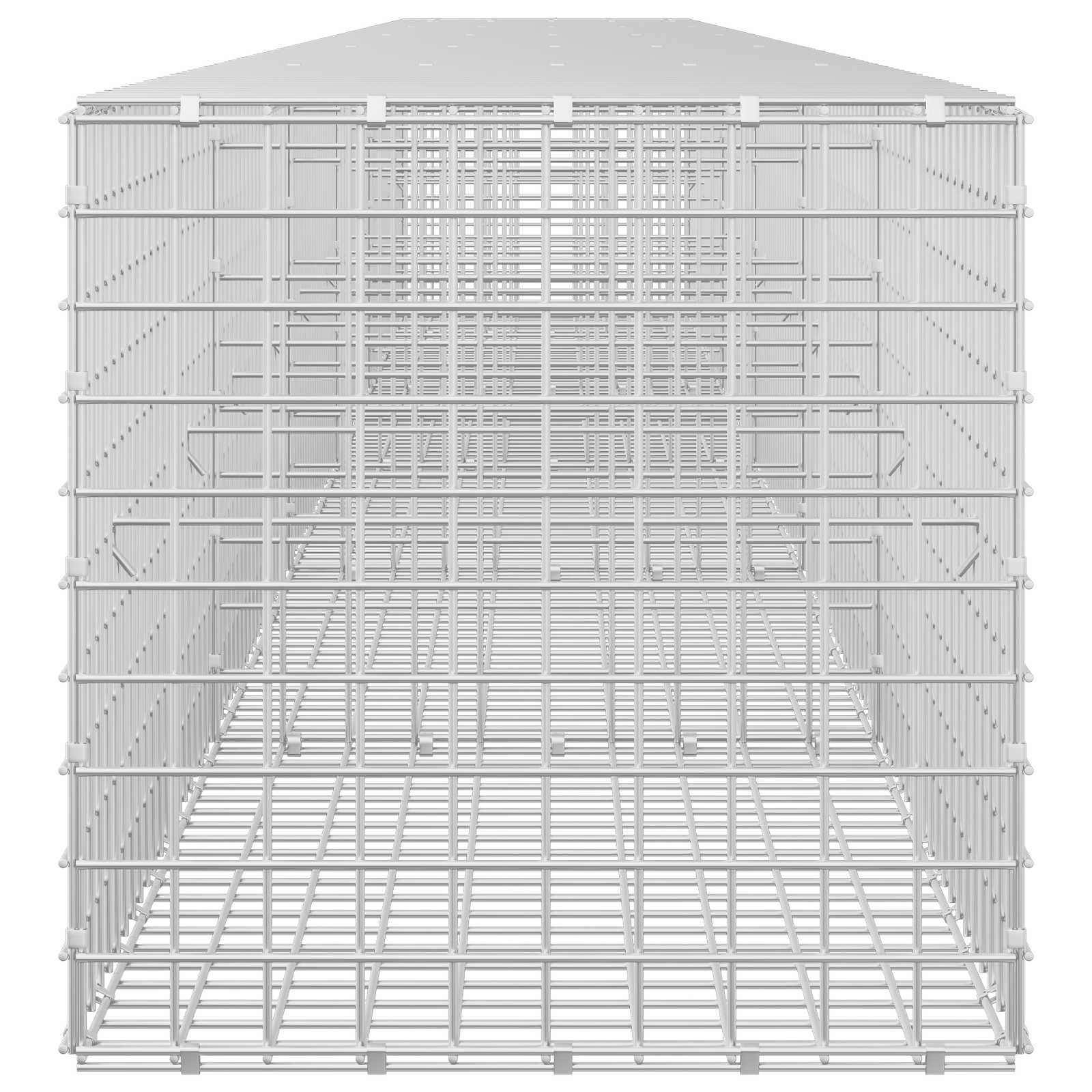 Leerer Metallgitter-Lagerkäfig oder Regaleinheit, frontal in Weiß vor einem einfachen Hintergrund dargestellt.