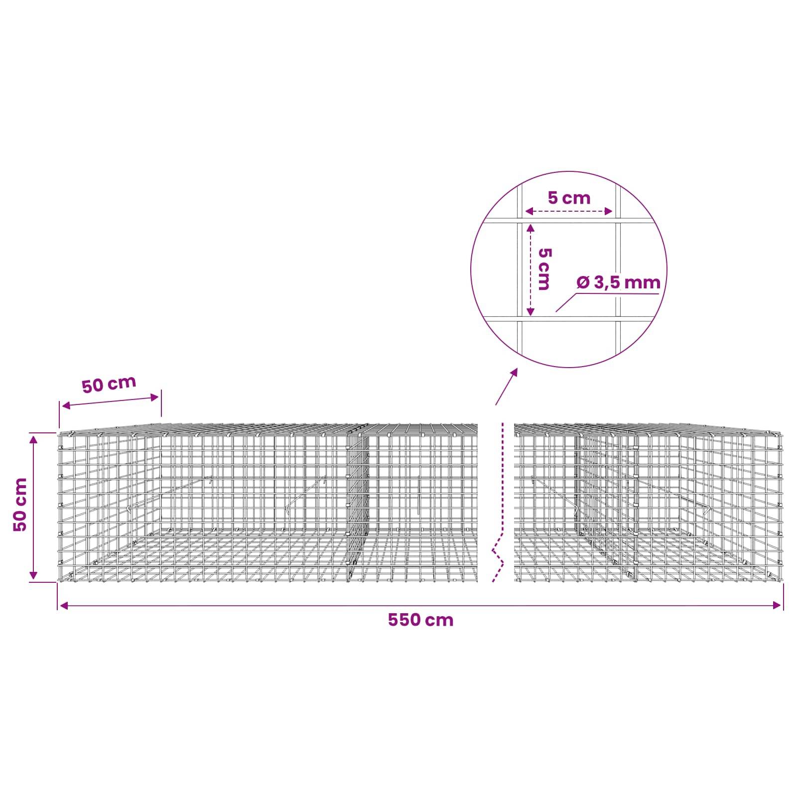Diagramm eines Drahtmaschenkorbs mit folgenden Abmessungen: 550 cm Länge, 50 cm Breite, 50 cm Höhe, mit 5 cm Gitterabstand und 3,5 mm Drahtdurchmesser.
