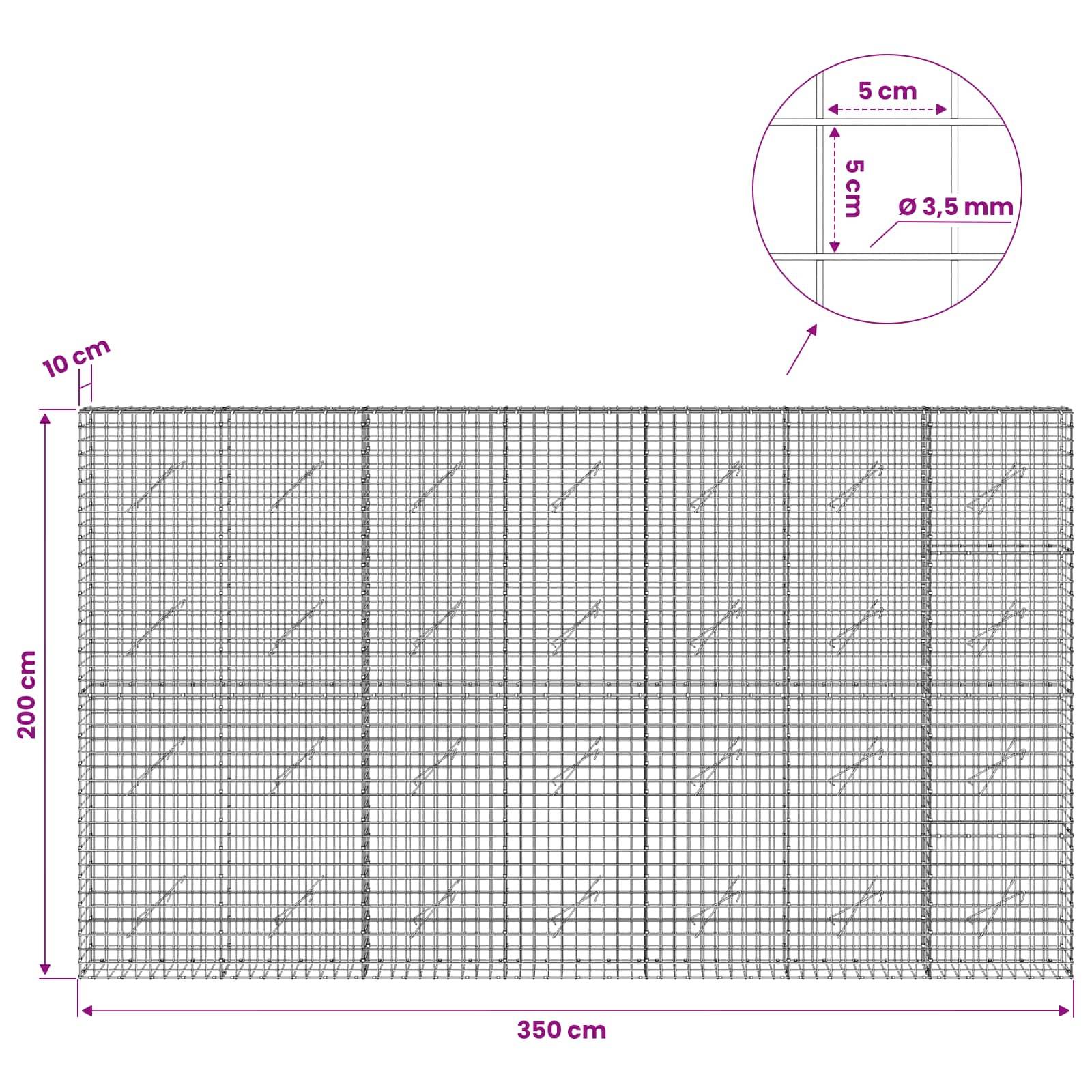 Diagramm einer Drahtgitterpaneel, mit einer Breite von 350 cm und einer Höhe von 200 cm beschriftet, mit einer Detailansicht, die einen Gitterabstand von 5 cm und eine Drahtdicke von 3,5 mm zeigt.