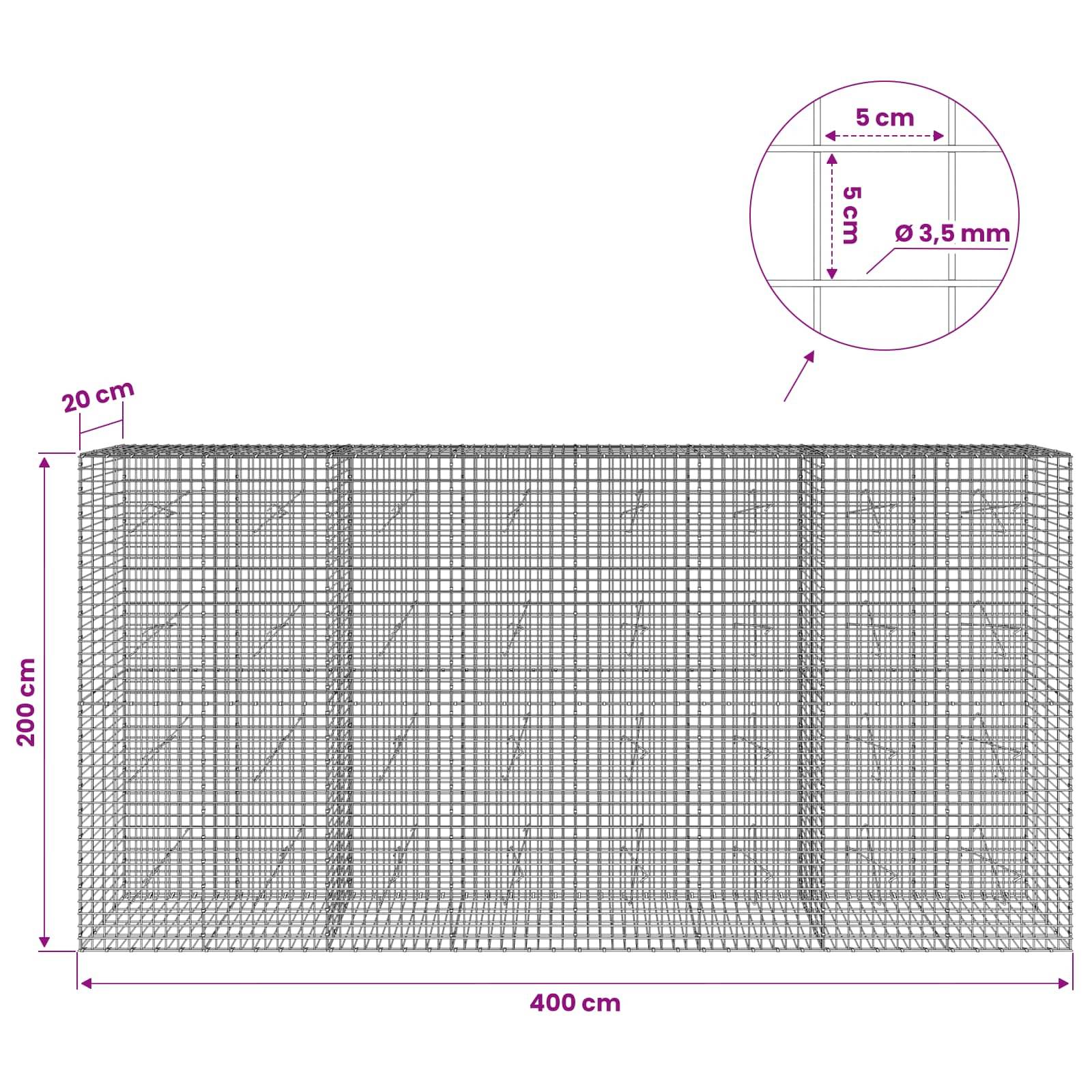 Drahtgitter-Gabionenwand-Diagramm mit einer 400 cm breiten, 200 cm hohen, 20 cm tiefen Platte mit 5 cm Raster und 3,5 mm Drahtdurchmesser-Ausschnitt.