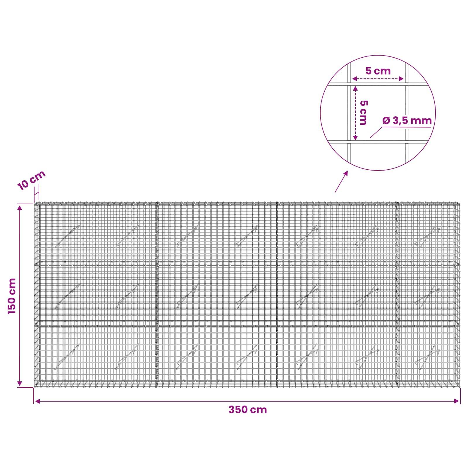 Technisches Diagramm eines Drahtgeflecht-Panels, 350 cm breit und 150 cm hoch, mit 10 cm Abstand und einer Detailvergrößerung, die ein 5 cm Gitter und einen Drahtdurchmesser von 3,5 mm zeigt.