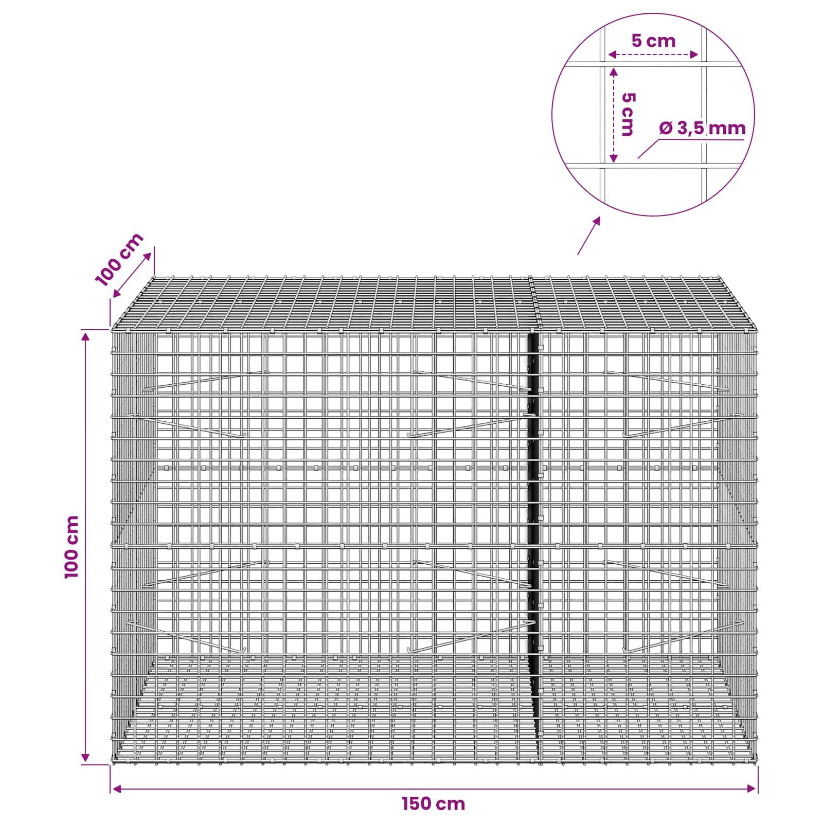Drahtgeflecht-Gabionenkorb mit einem Rahmen von 150 cm mal 100 cm; Ausschnitt zeigt 5-cm-Gitter und 3,5-mm-Drahtdurchmesser.