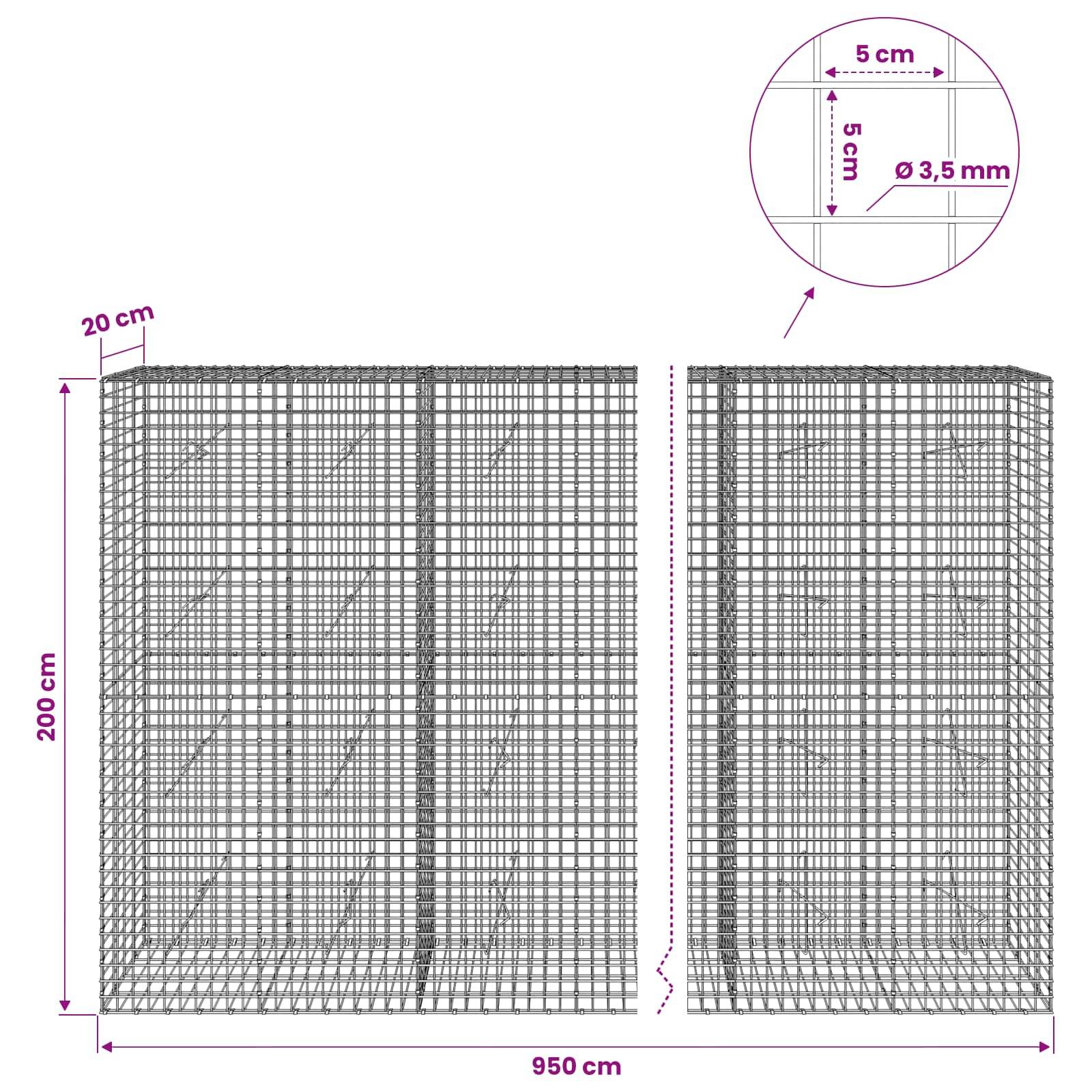 Technisches Diagramm von zwei Drahtgitter-Schachtschachteln, mit einer Gesamthöhe von 200 cm und einer Gesamtbreite von 950 cm beschriftet, mit einer Vergrößerung, die einen Gitterabstand von 5 cm und einen Drahtdurchmesser von 3,5 mm zeigt.