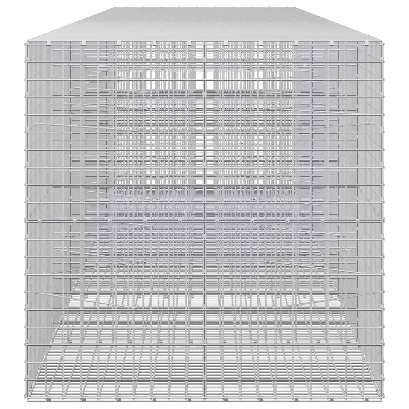 Ein transparentes 3D-Drahtgittermodell eines rechteckigen Gebäudes oder würfelförmigen Bauwerks, das dichte horizontale und vertikale Gitterlinien auf allen Seiten zeigt.