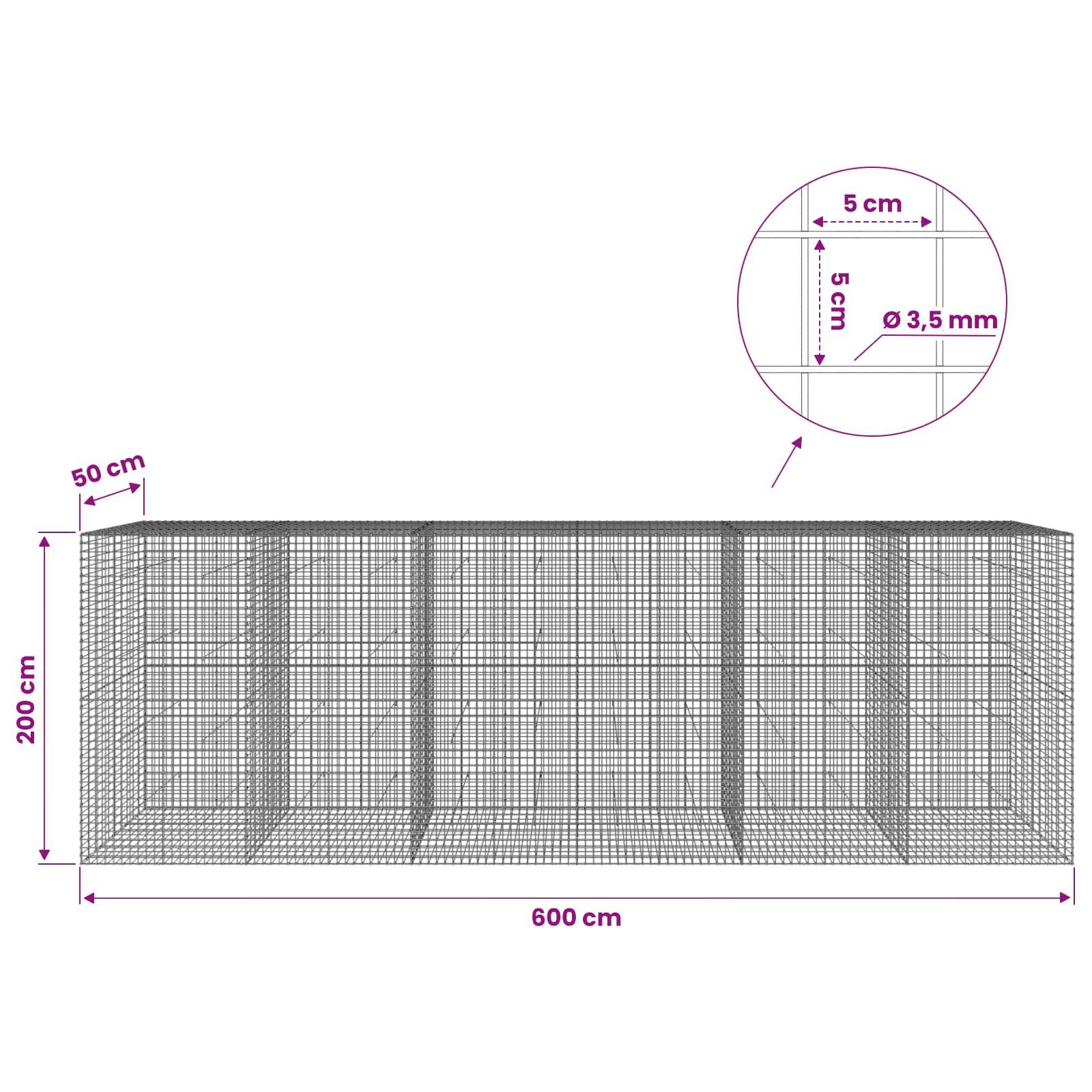 Technische Zeichnung eines Drahtgittergehäuses, 600 cm breit, 200 cm hoch, mit 50 cm Abstandsabschnitten und 5 cm mal 5 cm Maschenweite aus 3,5 mm Draht.