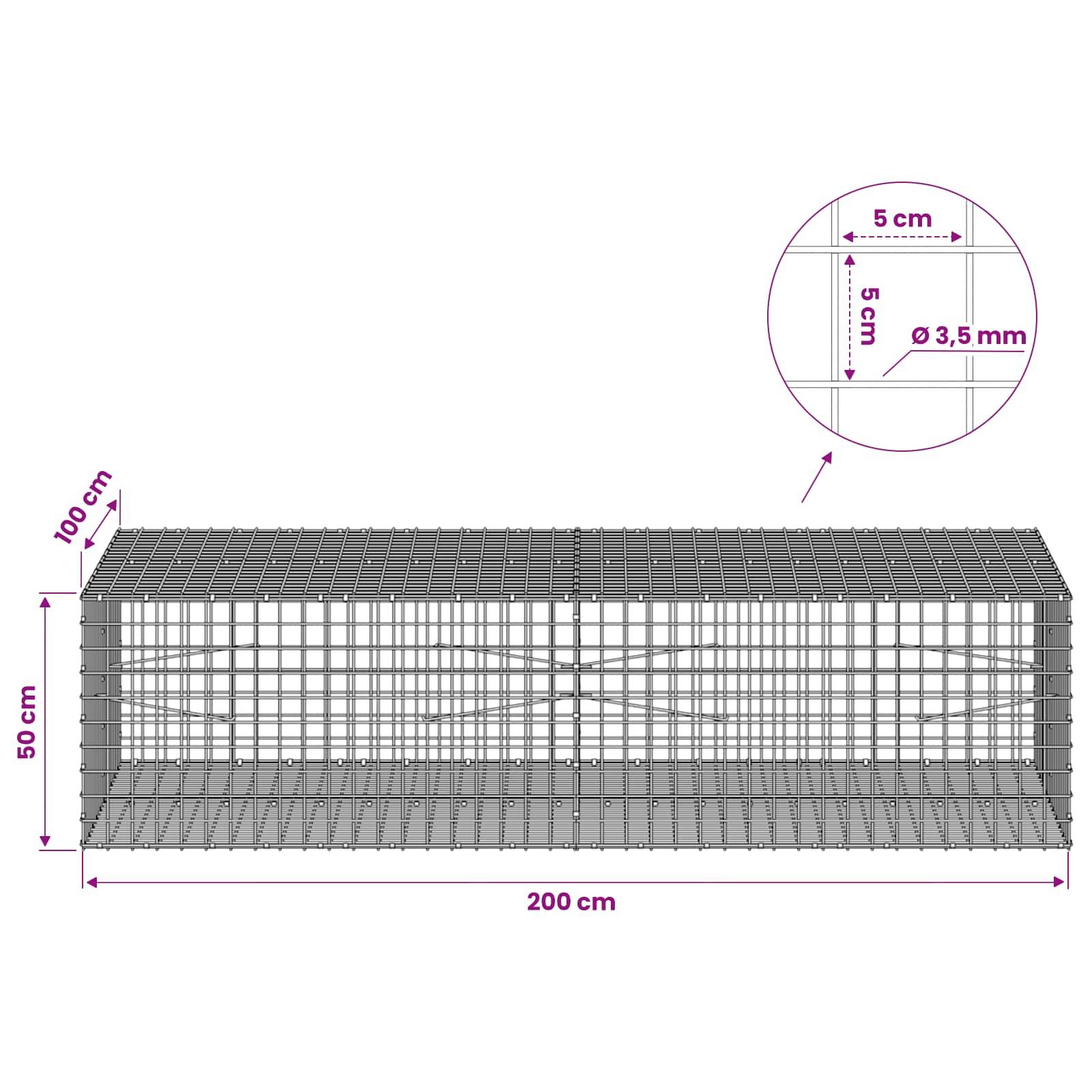 Drahtgeflecht-Schüttkorb-Diagramm mit einem rechteckigen Käfig von 200 cm x 100 cm x 50 cm mit 3,5 mm Draht und 5 cm Maschenöffnungen.