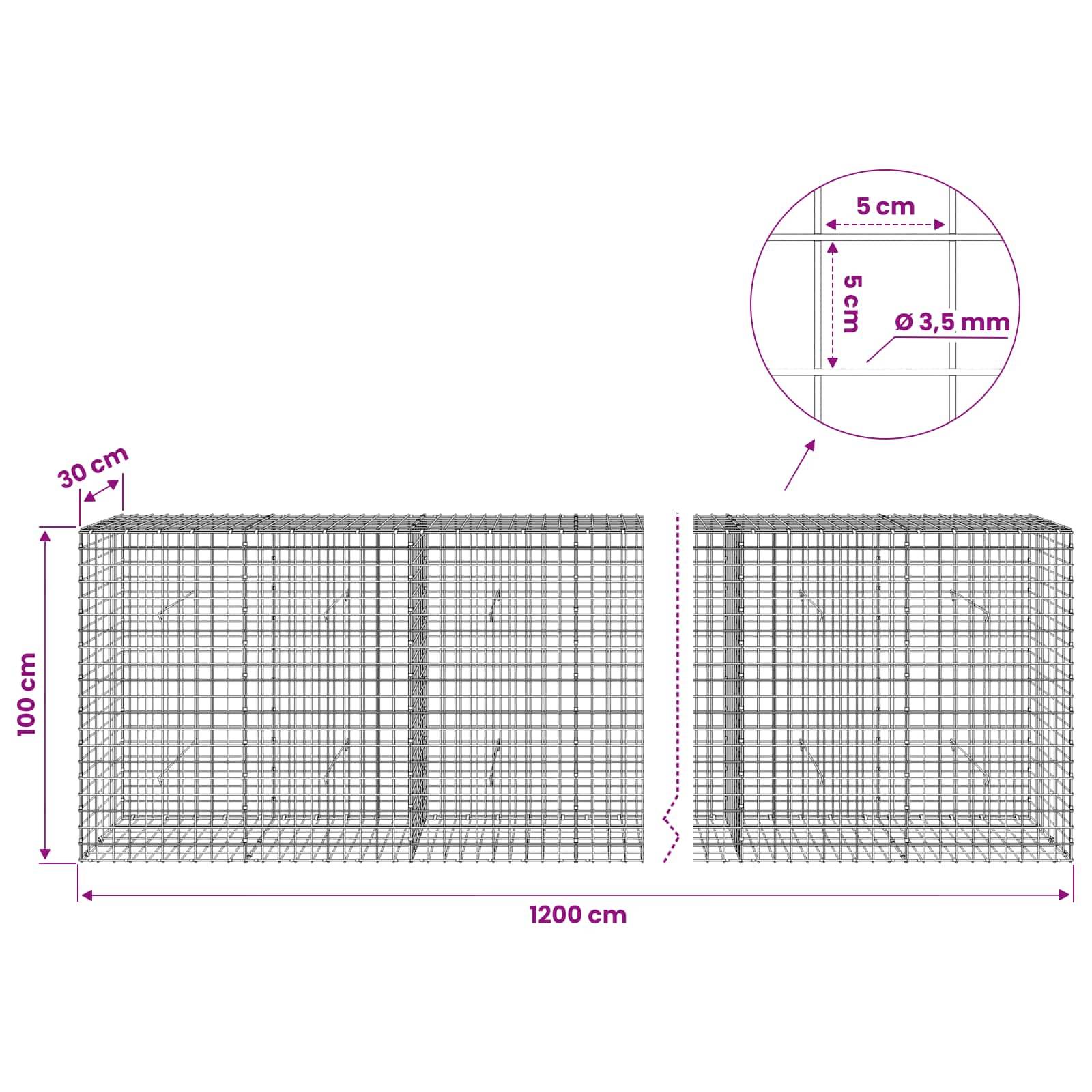 Technisches Diagramm zweier Drahtgitter-Schanzkorb-Körbe, jeder 100 cm hoch, 1200 cm lang, 30 cm tief, mit 5 cm Maschenweite und 3,5 mm Drahtdurchmesser.