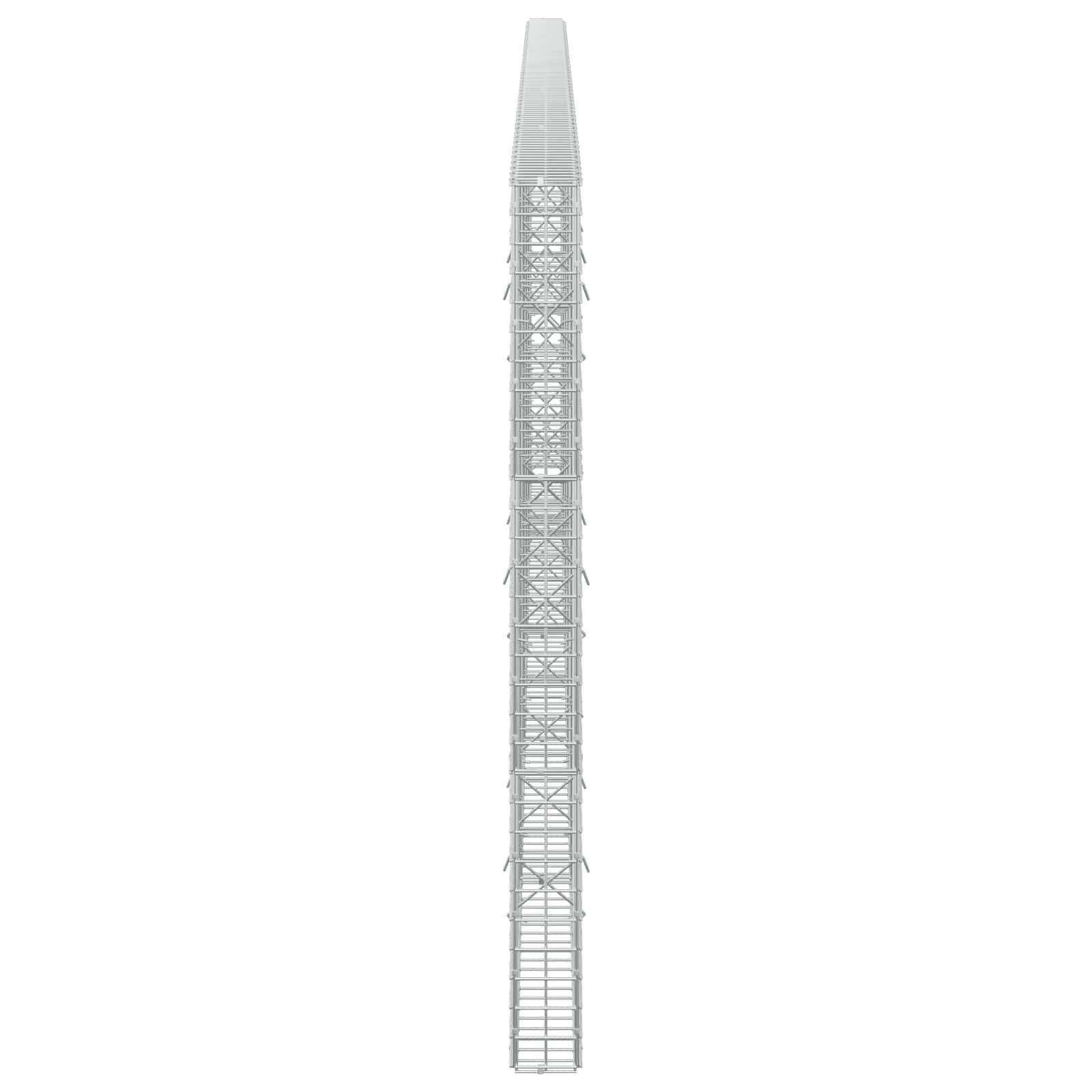 Hoher grauer Gitterturm mit verjüngter Spitze, zentriert auf einfachem weißem Hintergrund dargestellt.