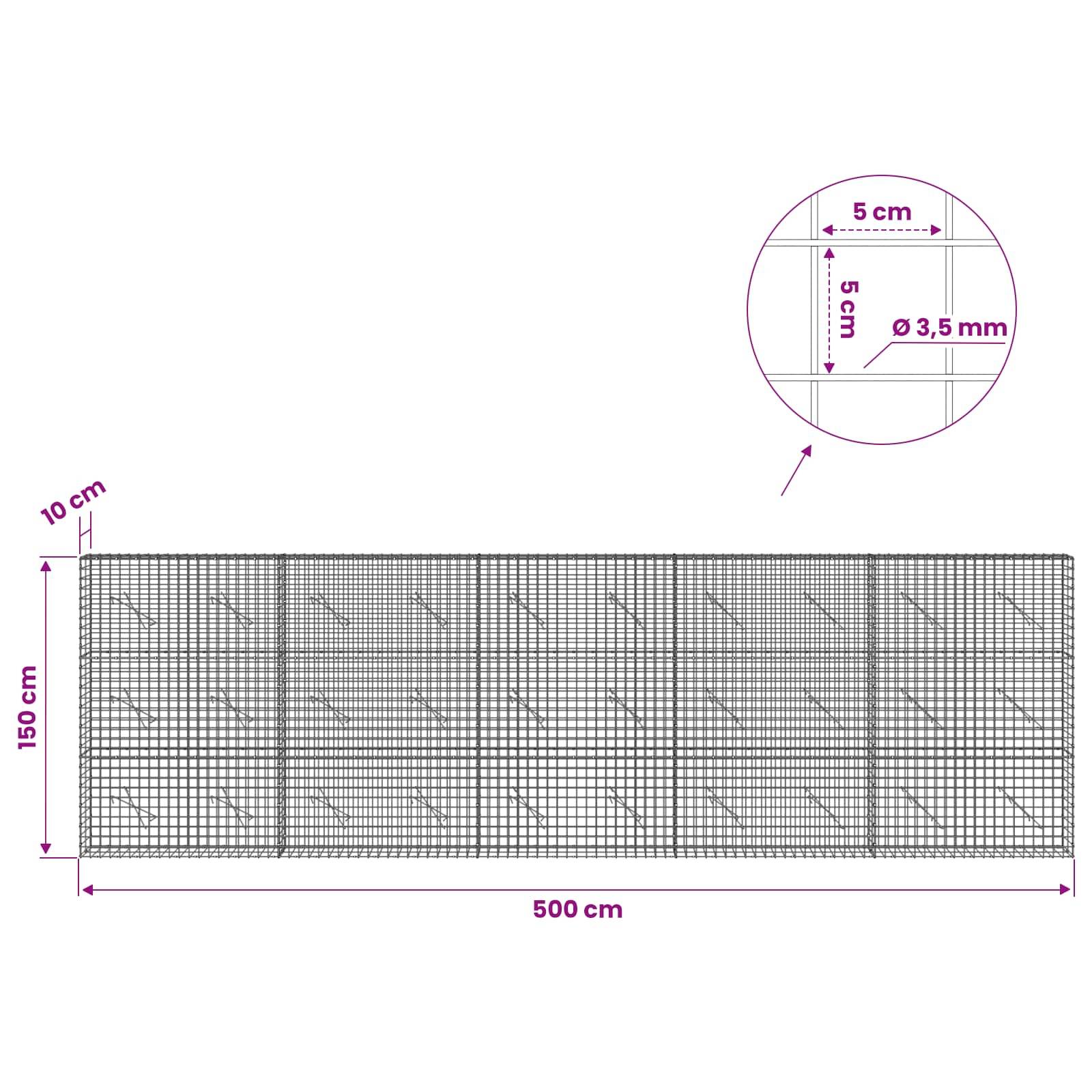 Diagramm eines Drahtgitterpaneels, 500 cm breit und 150 cm hoch, mit 10 cm oberen Rand und 5 cm Gitterabstand mit 3,5 mm Draht.