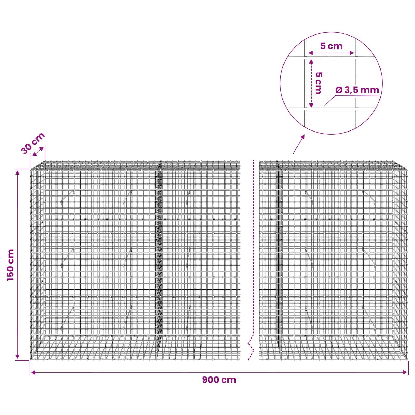Diagramm einer Drahtkörbe-Gabionenwand mit zwei rechteckigen Käfigen, Gesamtlänge 900 cm, Höhe 150 cm, Tiefe 30 cm, mit 5 cm Gitter und 3,5 mm Draht.