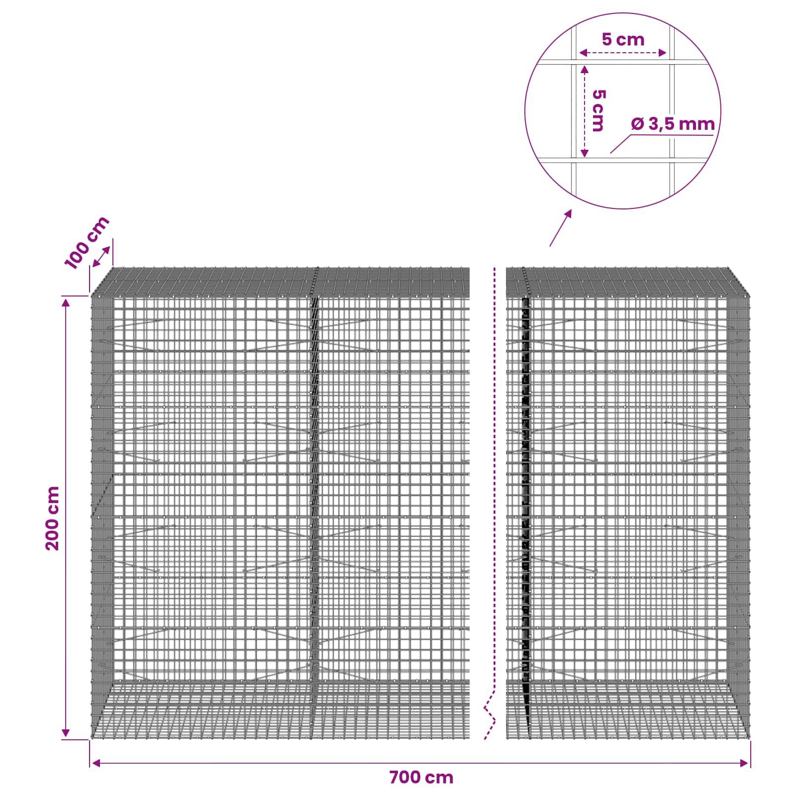Diagramm eines Drahtgitterkäfigs mit Abmessungen: 700 cm breit, 200 cm hoch, 100 cm tief, mit 5 cm Gitter und 3,5 mm Drahtdicke im Detail.