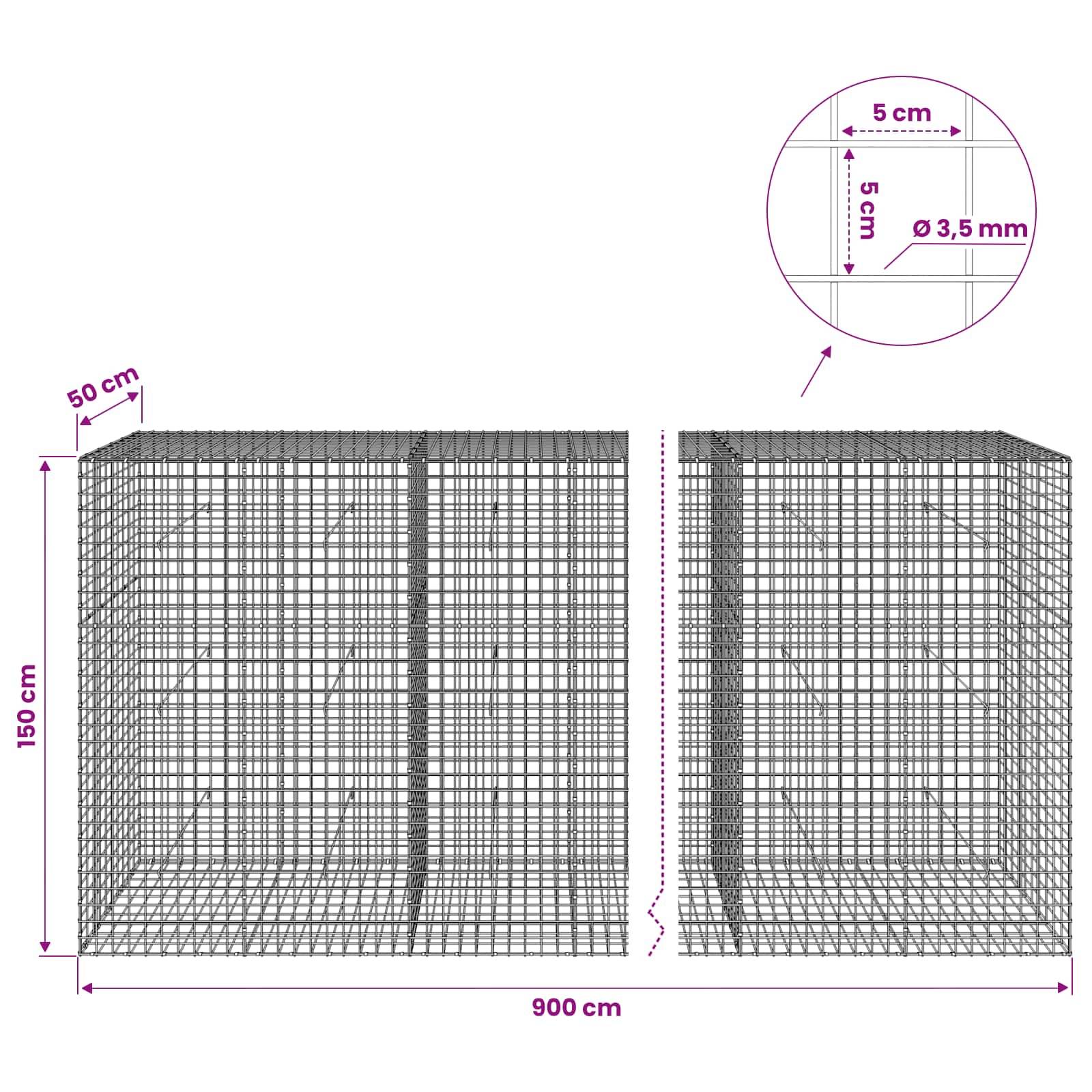Technisches Diagramm einer großen Drahtgitter-Gabionenkiste, 900 cm breit, 150 cm hoch, 50 cm tief, mit Nahaufnahme zeigt 5 cm Maschenweite und 3,5 mm Drahtdurchmesser.