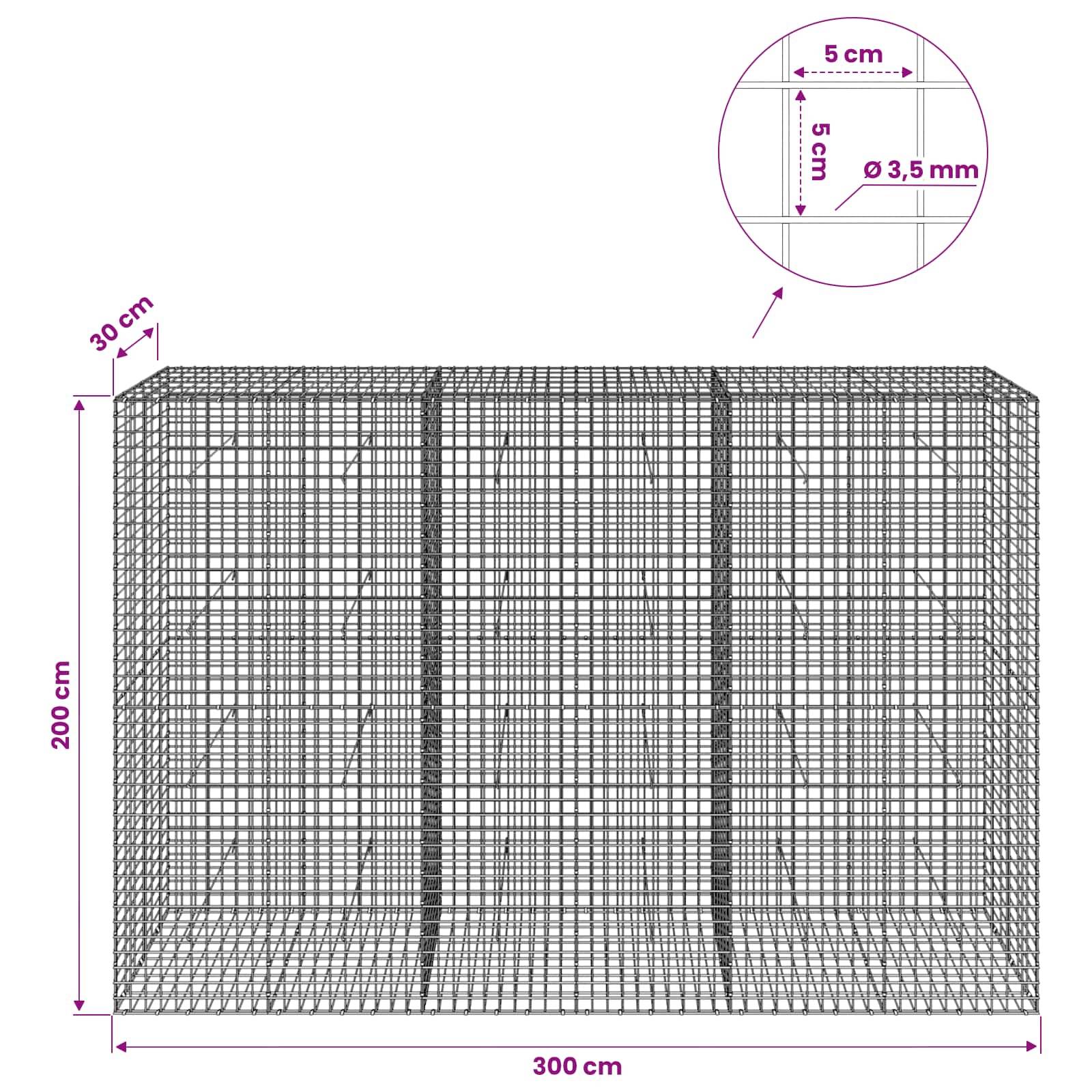 Drahtgitterkäfig-Diagramm mit Abmessungen: 300 cm Breite, 200 cm Höhe, 30 cm Tiefe, mit 5 cm Gitter und 3,5 mm Draht.