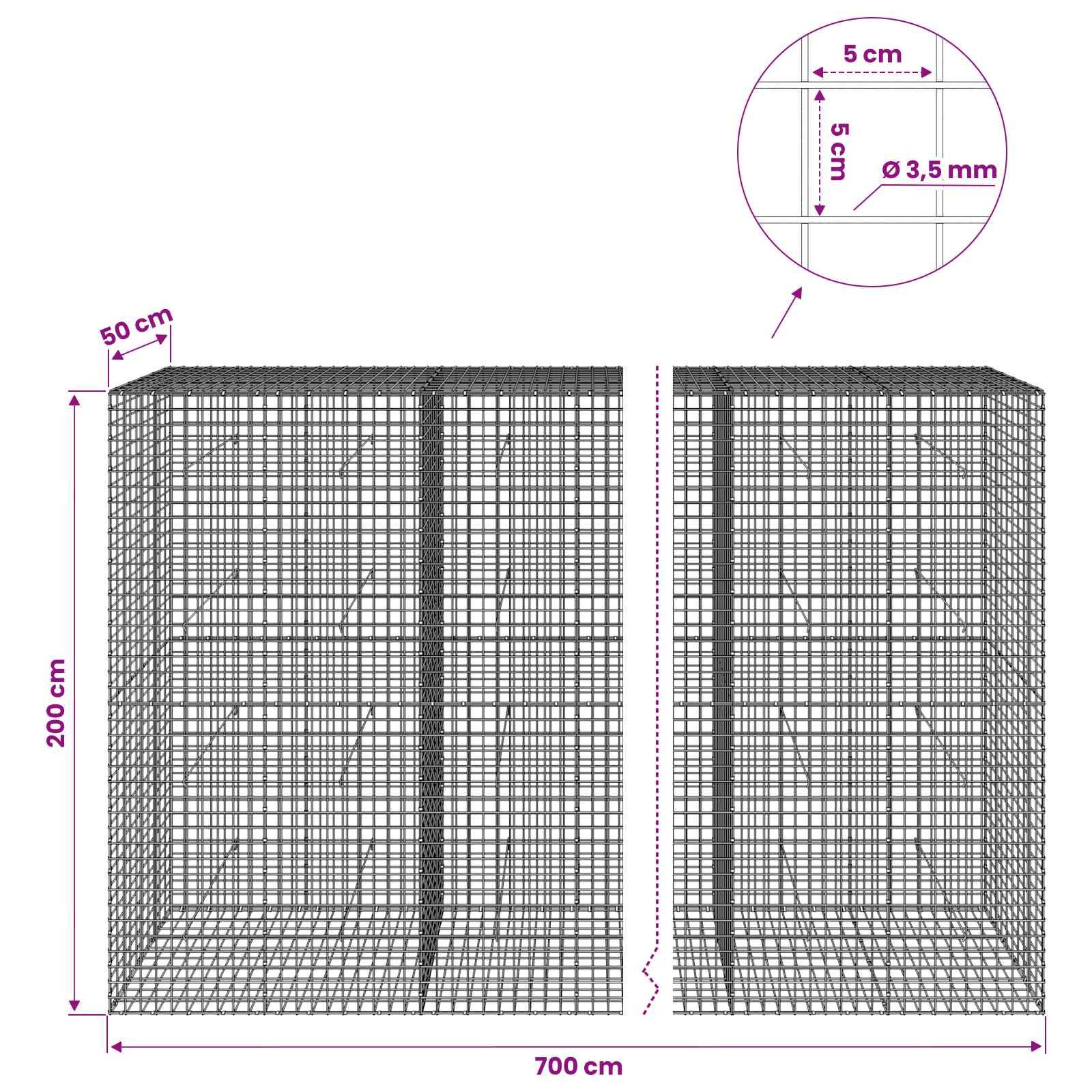Technisches Diagramm von zwei Drahtgeflecht-Gabionenkörben mit Abmessungen von 700 cm Breite, 200 cm Höhe, 50 cm Tiefe, mit 5 cm Maschenweite und 3,5 mm Drahtdurchmesser.
