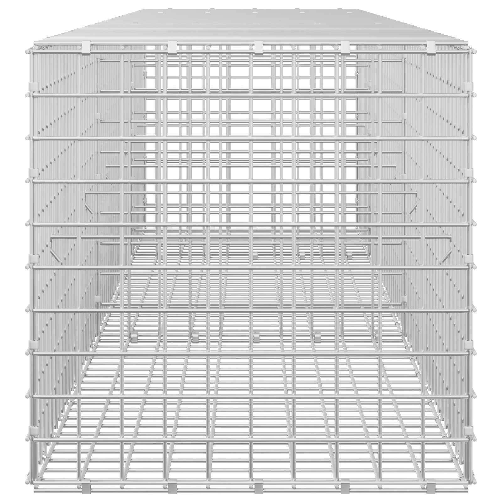 Ein Drahtgitter-3D-Modell eines rechteckigen Käfigs oder einer Drahtspeicher-Umzäunung, frontal mit offenen Seiten und gitterartigen Stäben dargestellt.