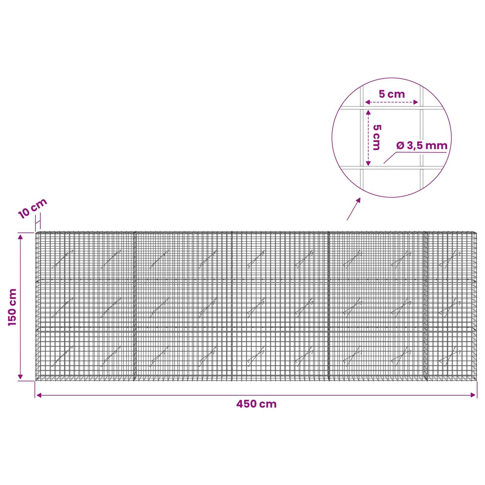 Diagramm eines Drahtgitterpaneels mit den Abmessungen 450 cm Länge mal 150 cm Höhe, mit 10 cm Maschenweite und einem vergrößerten Ausschnitt, der 5 cm x 5 cm große Quadrate und einen Drahtdurchmesser von 3,5 mm zeigt.