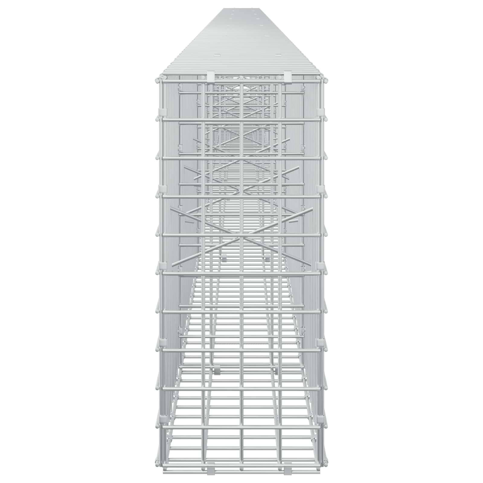 Vorderansicht eines hohen Metallgerüstturms mit Queraussteifung und treppenähnlichen Plattformen, dargestellt vor weißem Hintergrund.
