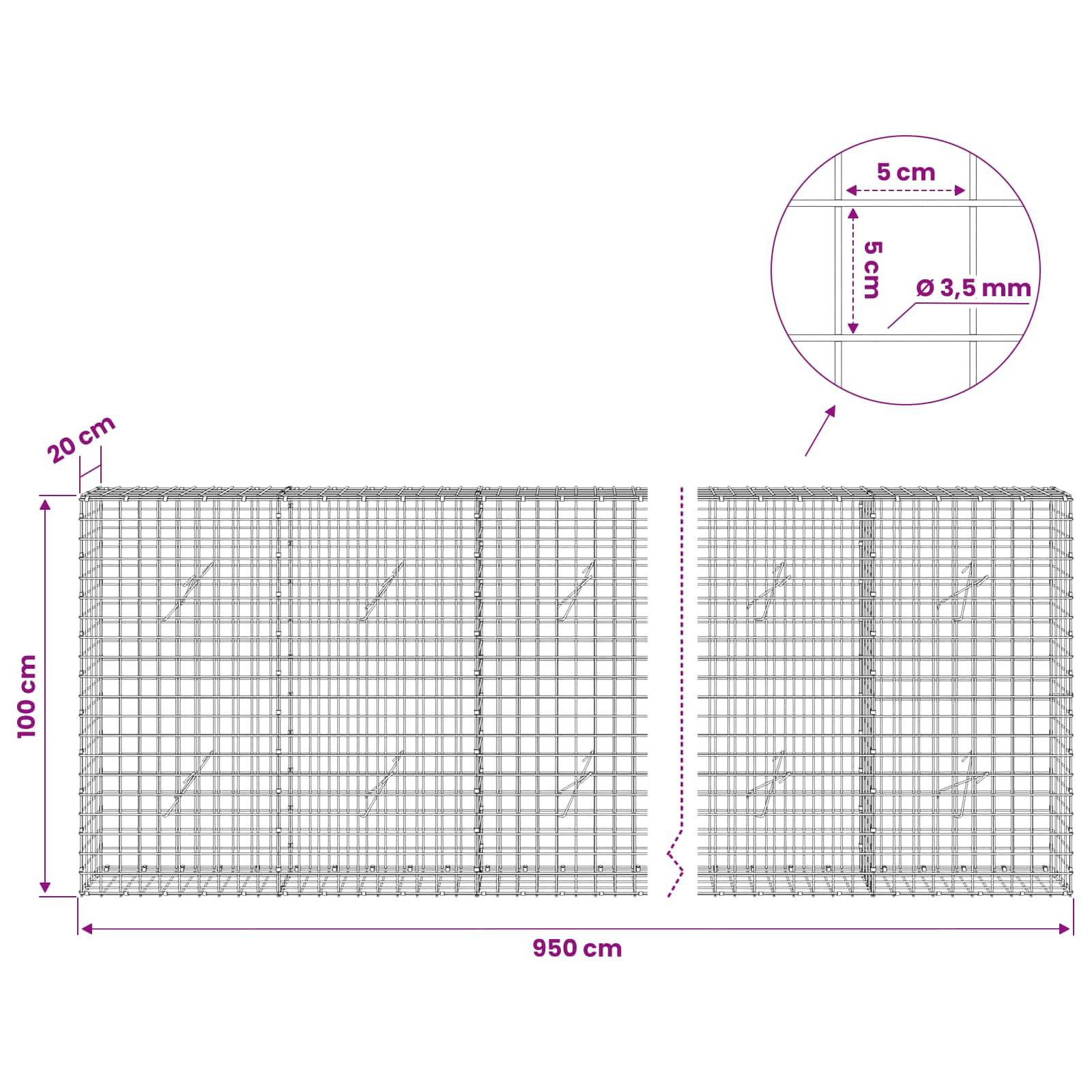 Technisches Diagramm einer Drahtgitterschranke mit einer Gesamtgröße von 950 cm mal 100 cm, einer Tiefe von 20 cm und detaillierter Darstellung der Maschenweite von 5 cm und eines Drahtdurchmessers von 3,5 mm.