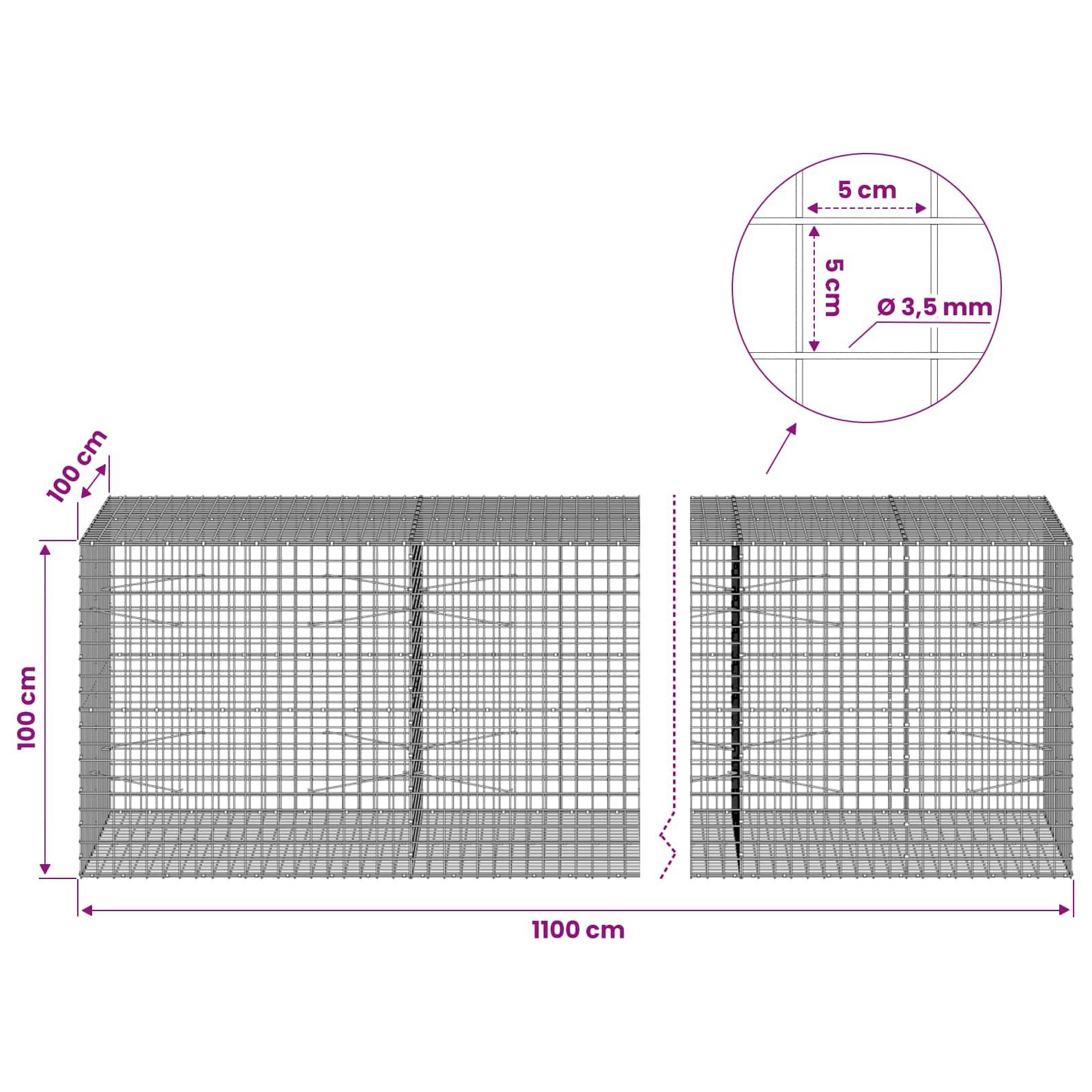 Abmessungsdiagramm für Drahtgitter-Gabionen: 1100 cm lang, 100 cm hoch und tief, mit 5 cm Maschenweite und 3,5 mm Drahtdurchmesser.