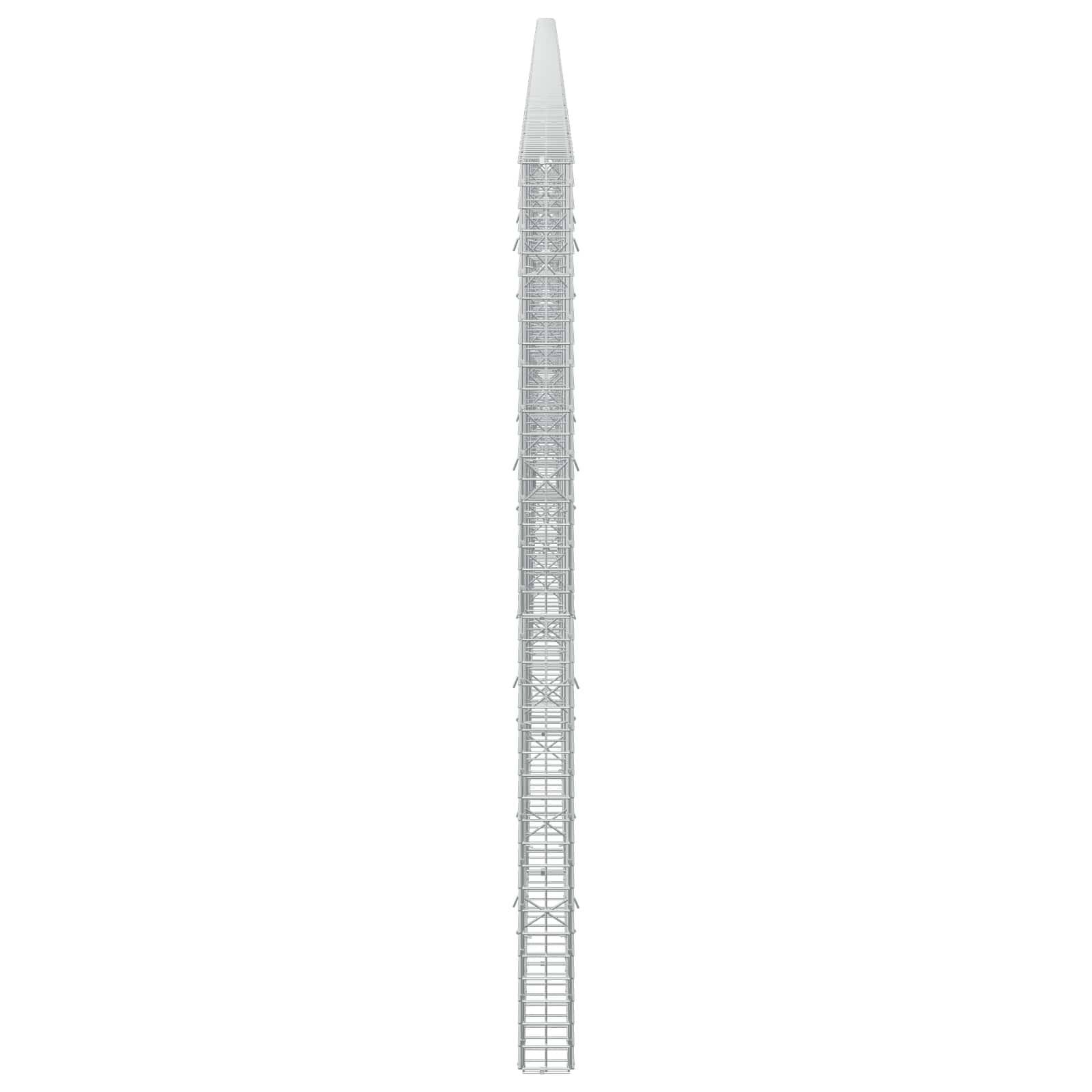 Ein hoher, schmaler Metallturm oder Mast mit verjüngter Spitze, zentriert vor einem einfachen weißen Hintergrund dargestellt.
