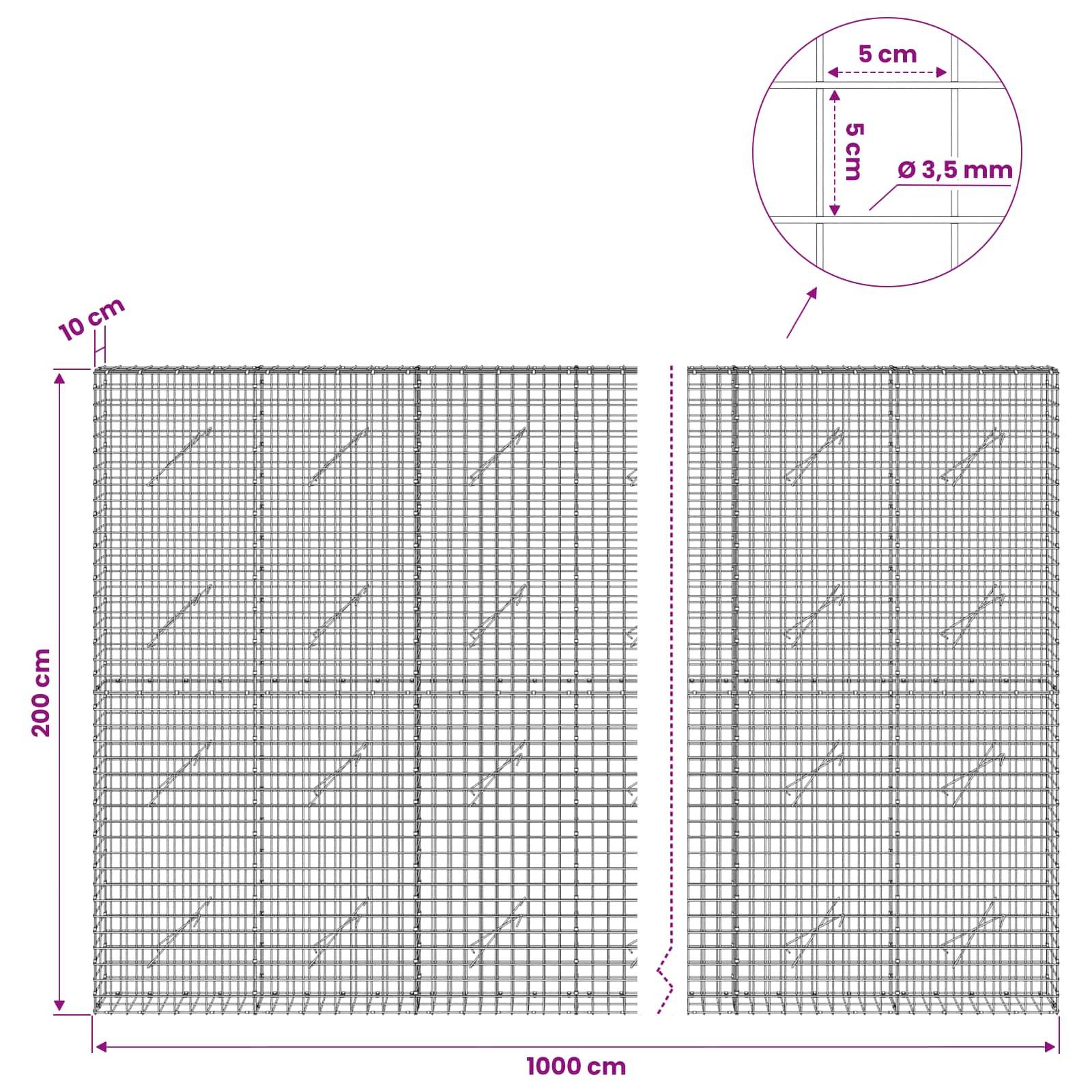 Technisches Maschenfeld-Diagramm mit zwei Drahtabschnitten, jeweils 200 cm hoch, insgesamt 1000 cm breit, mit 10 cm Rand und 5 cm Raster, 3,5 mm Drahtdicke eingefügt.