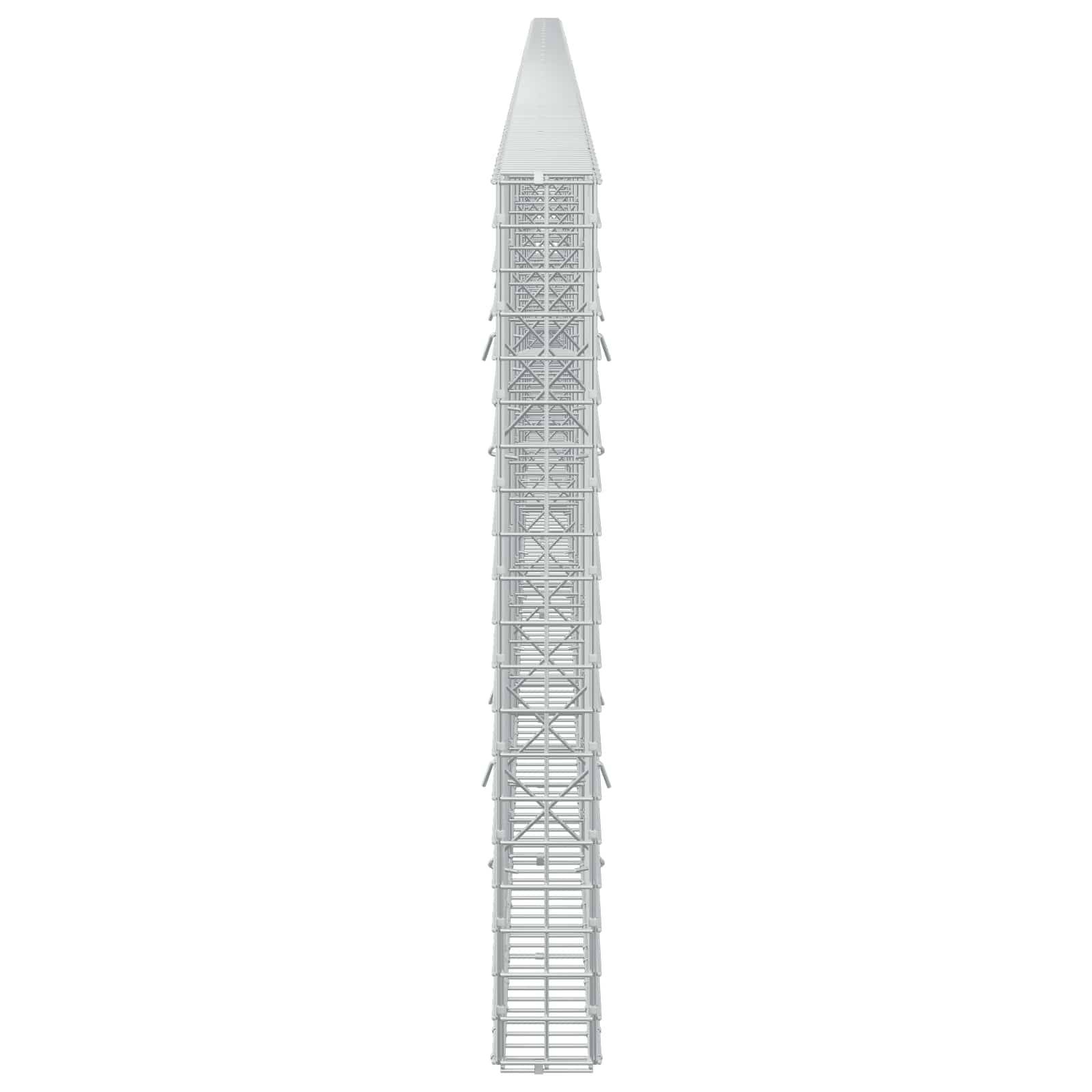 Hoher, schmaler, weißer Gitterturm oder Mast von vorne betrachtet vor einem einfarbigen Hintergrund, nach oben hin leicht verjüngend.