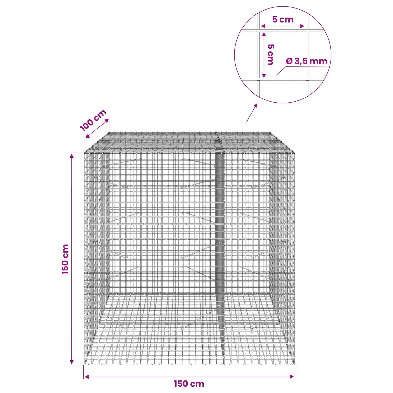 Drahtgeflecht-Gabionenkorbdiagramm mit einer 150 cm hohen, 150 cm breiten und 100 cm tiefen Box; Detailansicht mit 5 cm Gitterabstand und 3,5 mm Drahtdurchmesser.