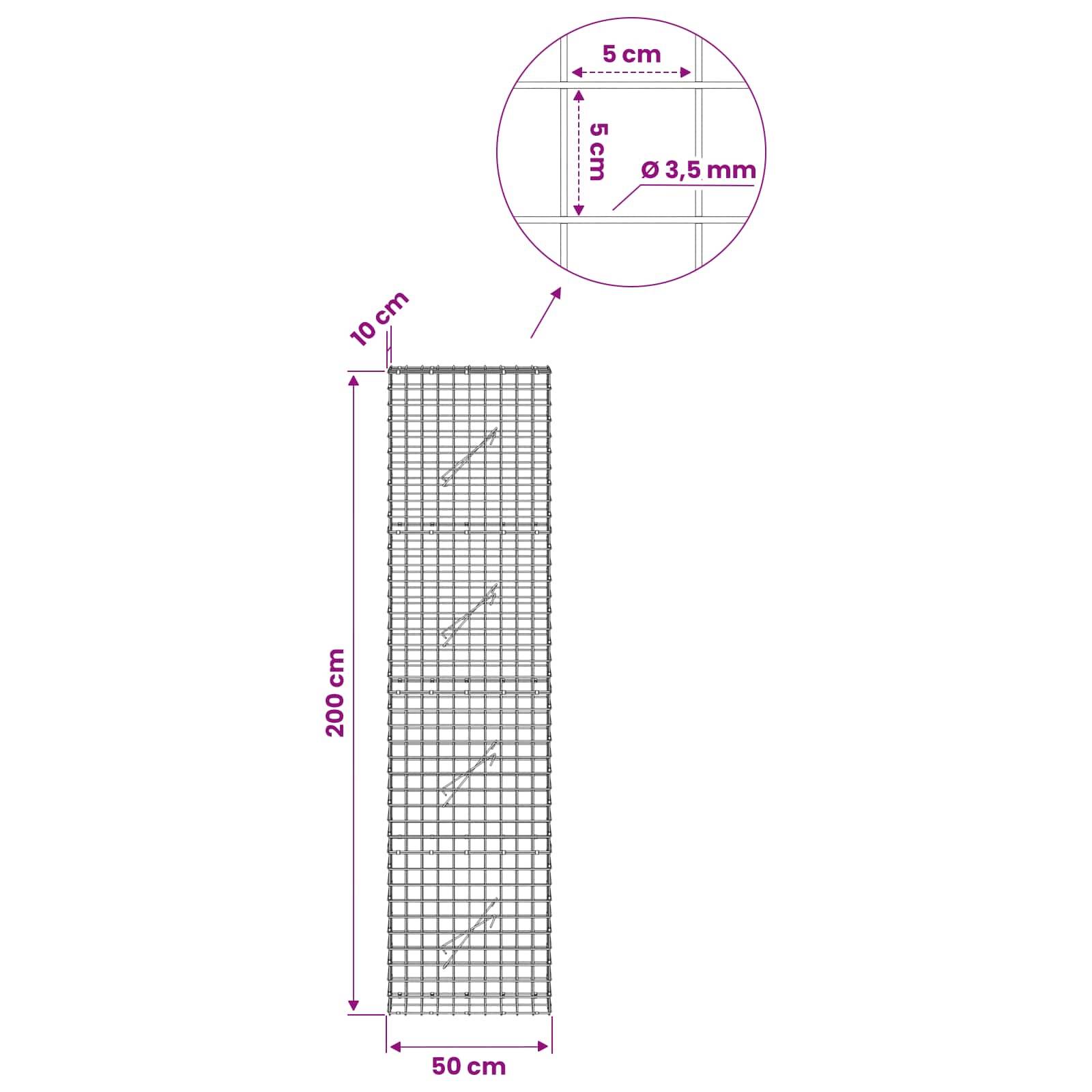 Diagramm eines rechteckigen Drahtgitterpanels, 200 cm hoch und 50 cm breit, mit 5 cm Rastergitterabstand und 3,5 mm Drahtdicke; Ausschnitt zeigt eine 5 cm große quadratische Gitterdetail.