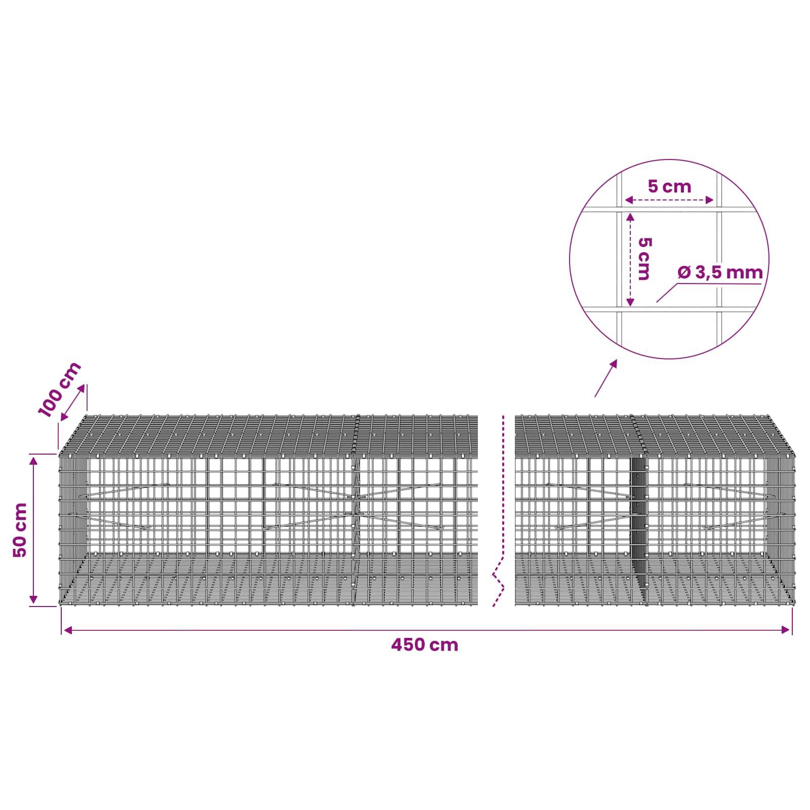Drahtzaungabionenkäfig mit Abmessungen von 450 cm Länge, 50 cm Höhe, 100 cm Tiefe; Ausschnitt zeigt 5 cm Gittermaschweite und 3,5 mm Drahtdicke.
