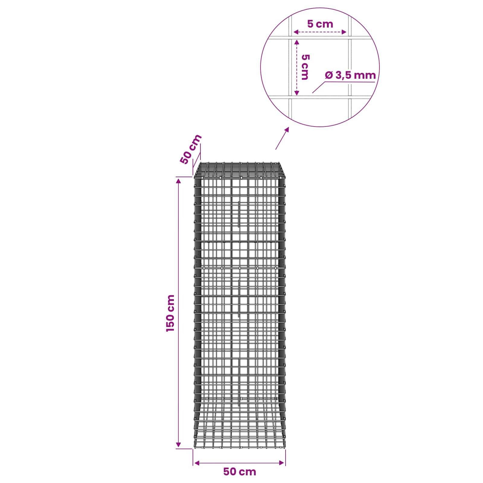 Diagramm eines Drahtgeflecht-Korbs oder -Käfigs mit Abmessungen: 150 cm Höhe, 50 cm Breite und Tiefe, mit 5 cm Gitterabstand und 3,5 mm Drahtdurchmesser.