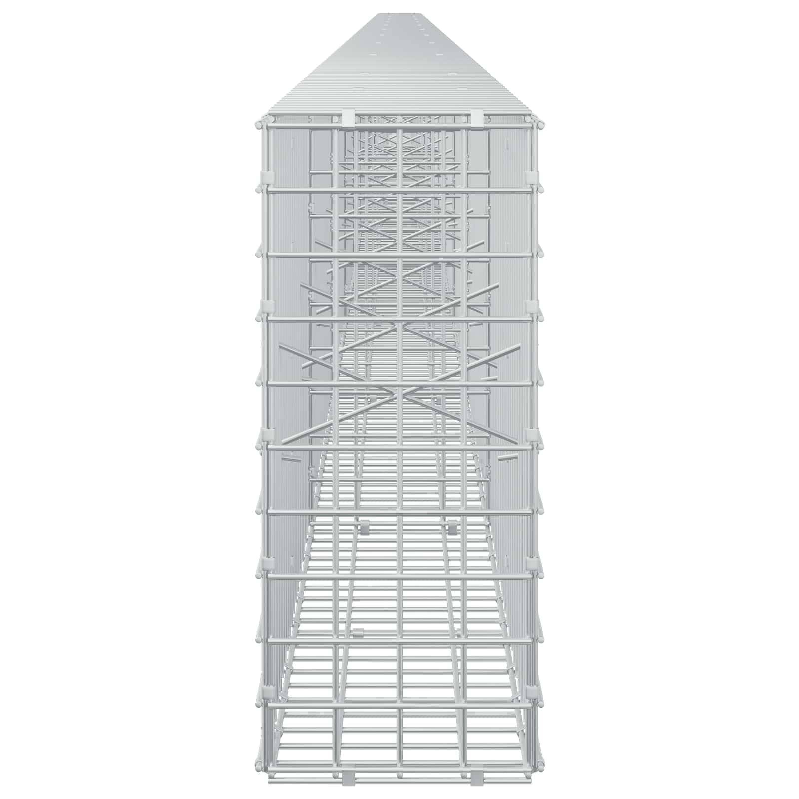 3D-Darstellung eines hohen, sich verjüngenden Metallgerüstturms mit Queraussteifung, Frontansicht auf weißem Hintergrund.