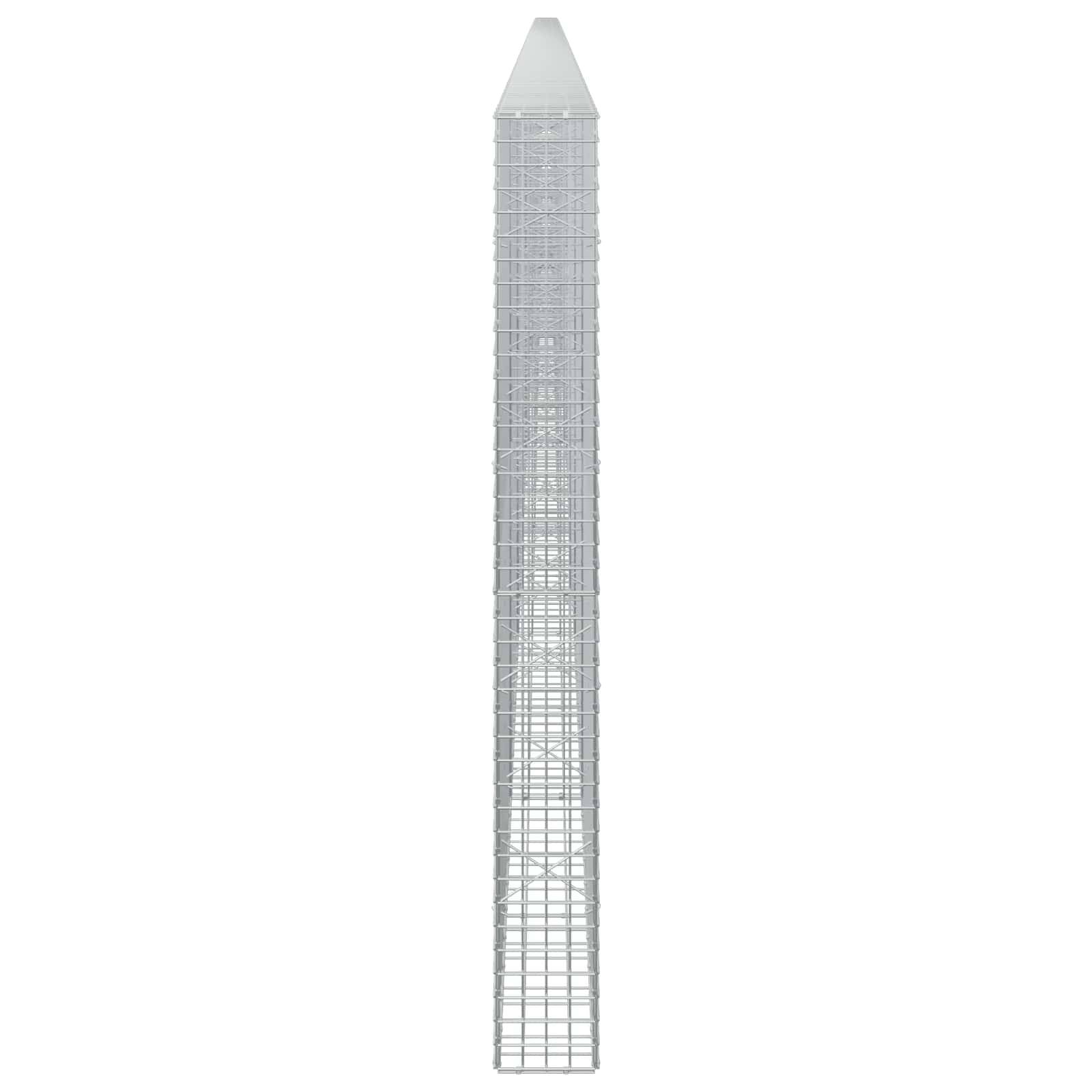 Ein hohes, schmales graues Gitterturm-Modell mit verjüngter Spitze, isoliert auf weißem Hintergrund dargestellt.