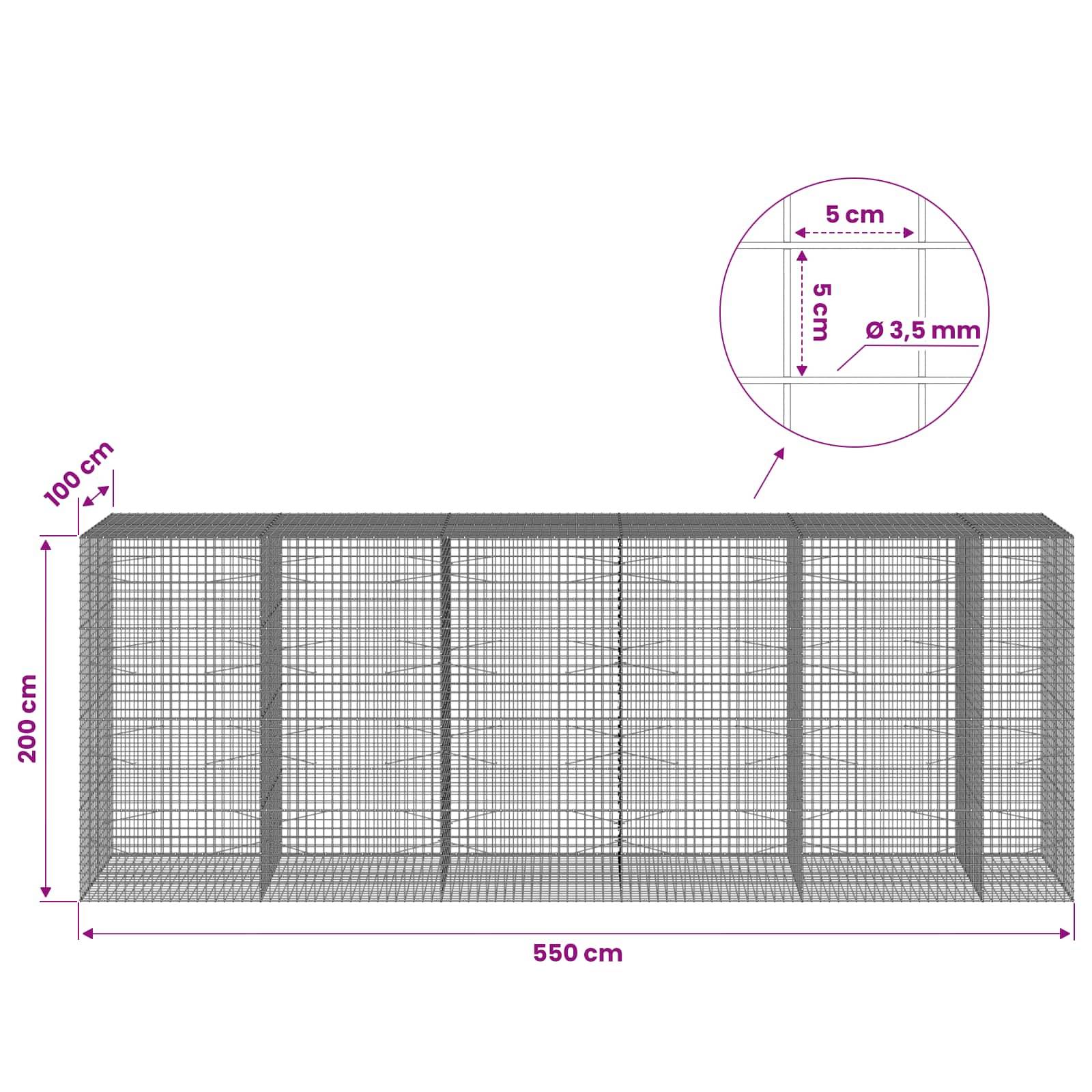 Drahtgitter-Schanzkorb-Wandabmessungen wie folgt: 550 cm Länge, 200 cm Höhe, 100 cm Tiefe, mit 5 cm Maschenweite und 3,5 mm Draht.