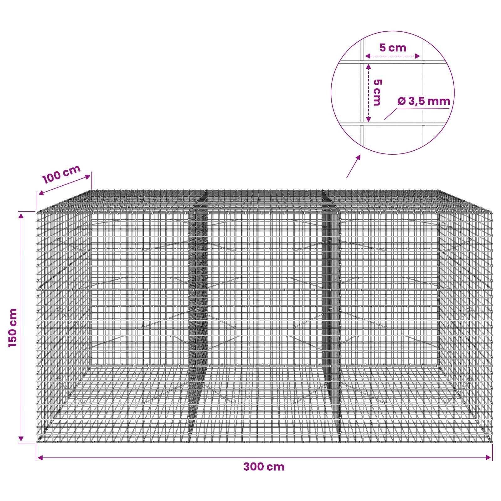 Drahtgitterkäfig-Diagramm mit Abmessungen: 300 cm breit, 150 cm hoch, 100 cm tief; Ausschnitt zeigt 5 cm quadratisches Gitter aus 3,5 mm Draht.