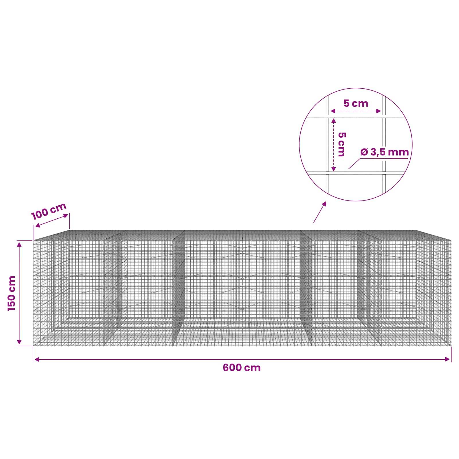 Diagramm eines Drahtgittergeheges mit den Maßen 600 cm Länge, 150 cm Höhe und 100 cm Tiefe, mit 5 cm Maschenweite und 3,5 mm Drahtdurchmesser.